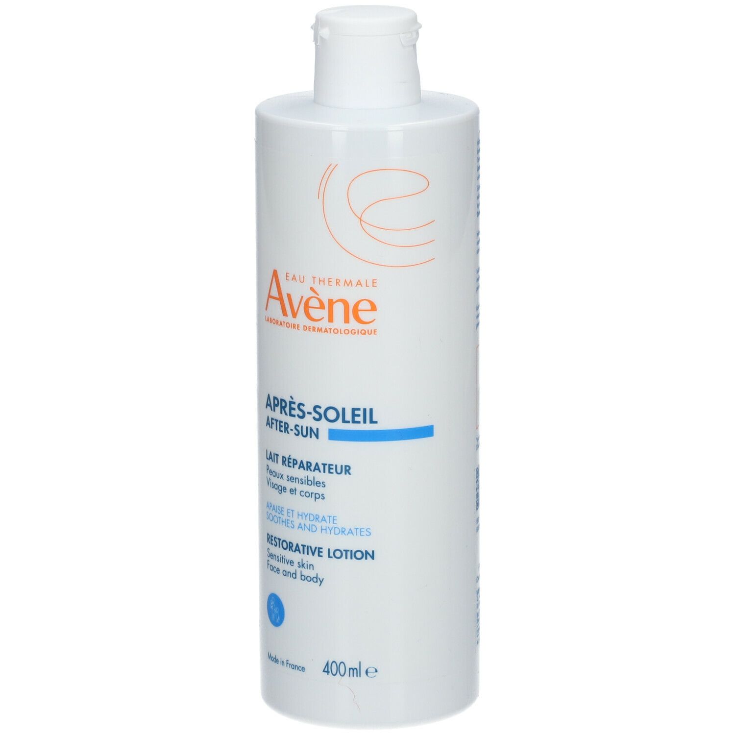 Flacon blanc avec étiquette. Inscription: Avène Après-Soleil. Restorative Lotion pour visage et corps. 400ml.