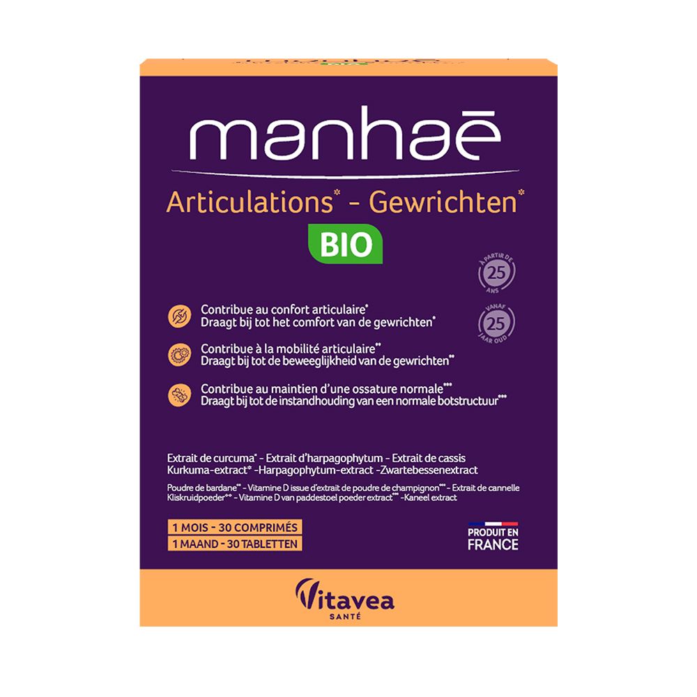 Boîte Manhaé Articulations Bio. Emballage orange et violet avec informations produit et label BIO.