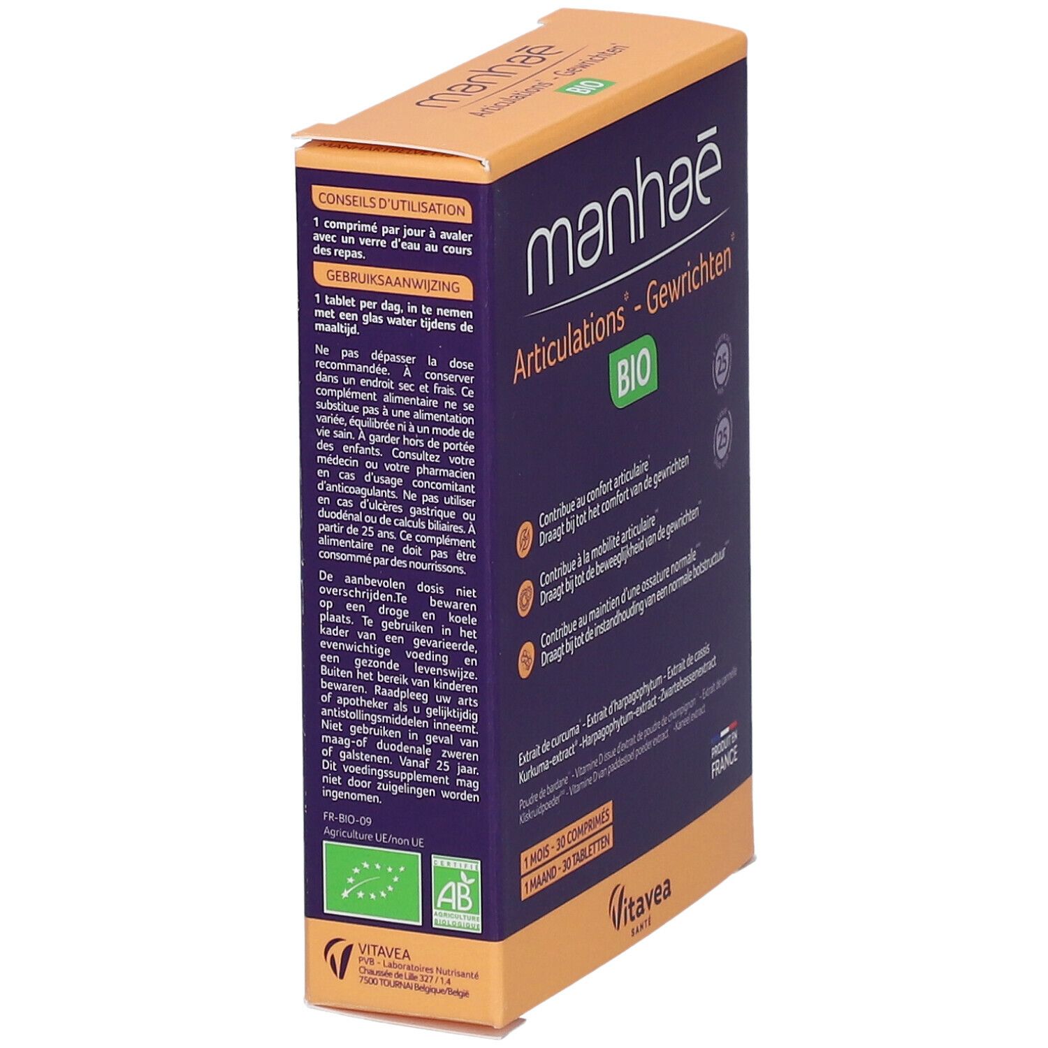 Boîte Manhaé Articulations Bio, vue latérale. Texte avec conseils d'utilisation et label BIO.
