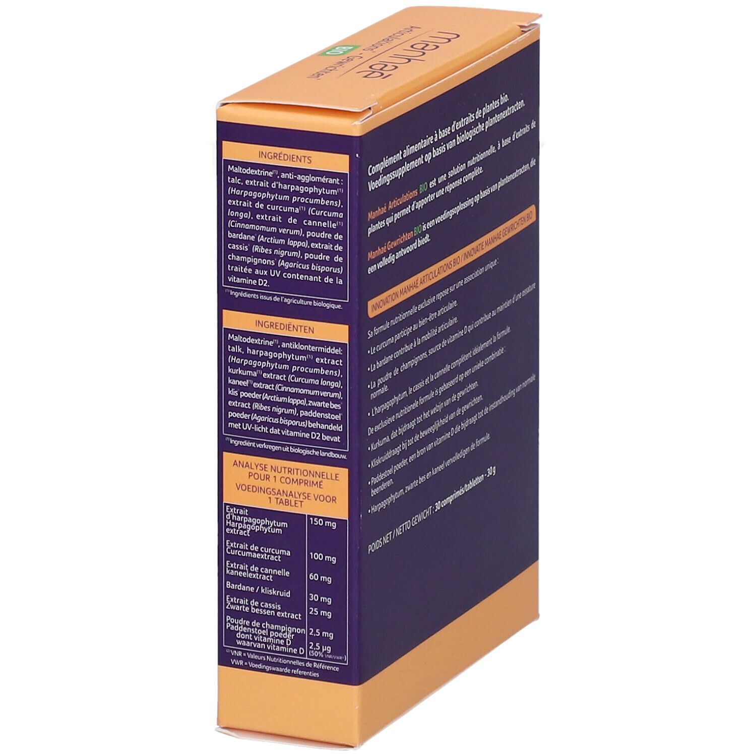 Boîte Manhaé Articulations Bio, détail ingrédients. Texte avec analyse nutritionnelle.