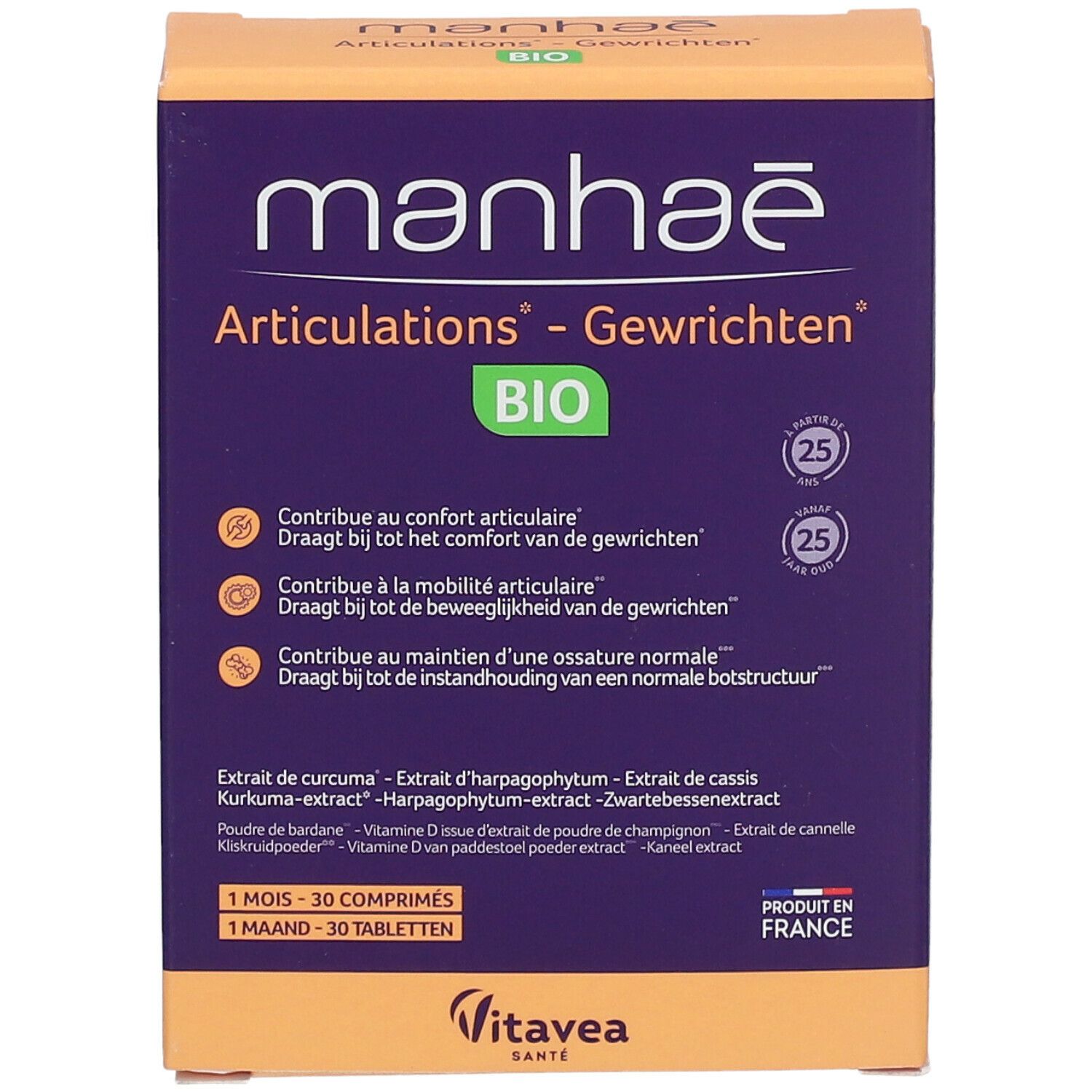 Boîte Manhaé Articulations Bio. Emballage orange et violet avec informations produit et label BIO.
