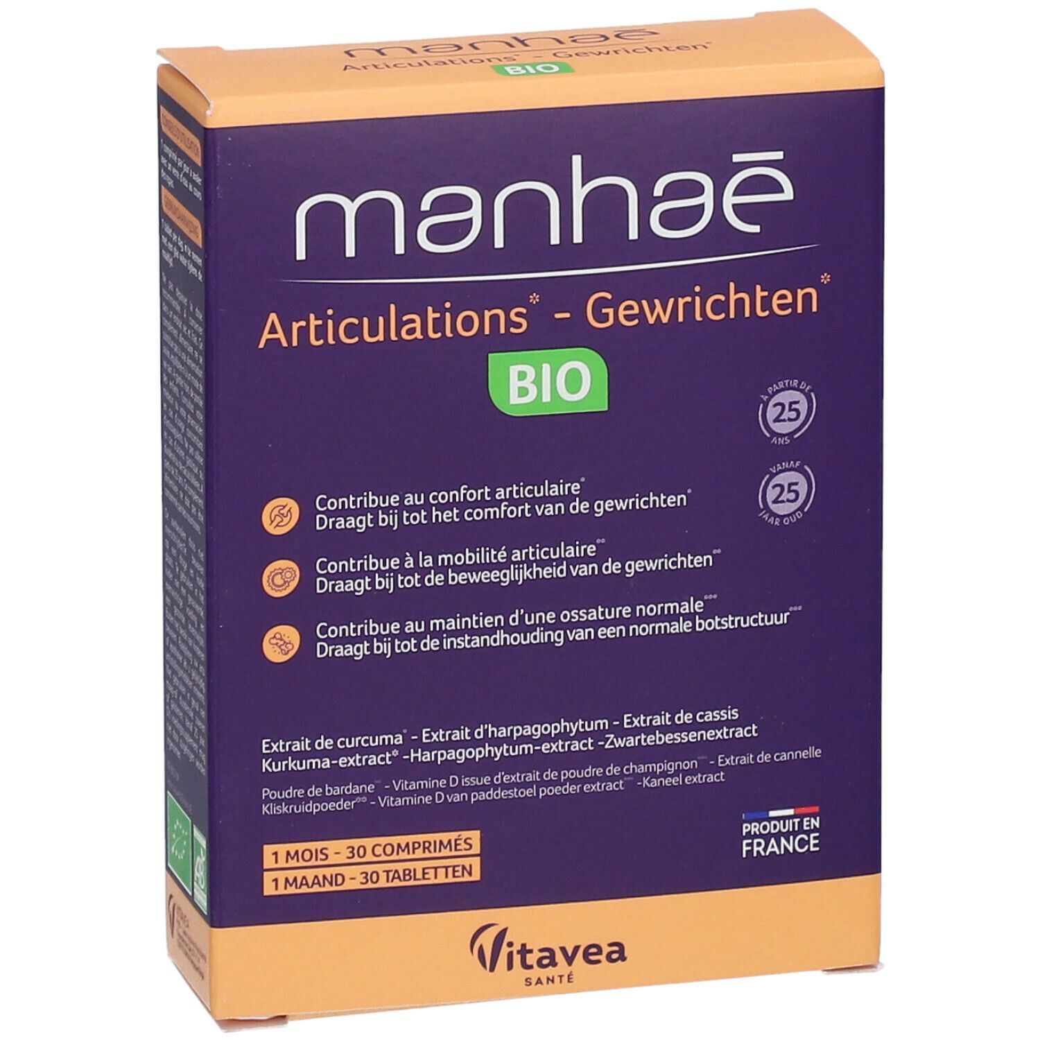 Boîte Manhaé Articulations Bio. Emballage orange et violet avec informations produit et label BIO.