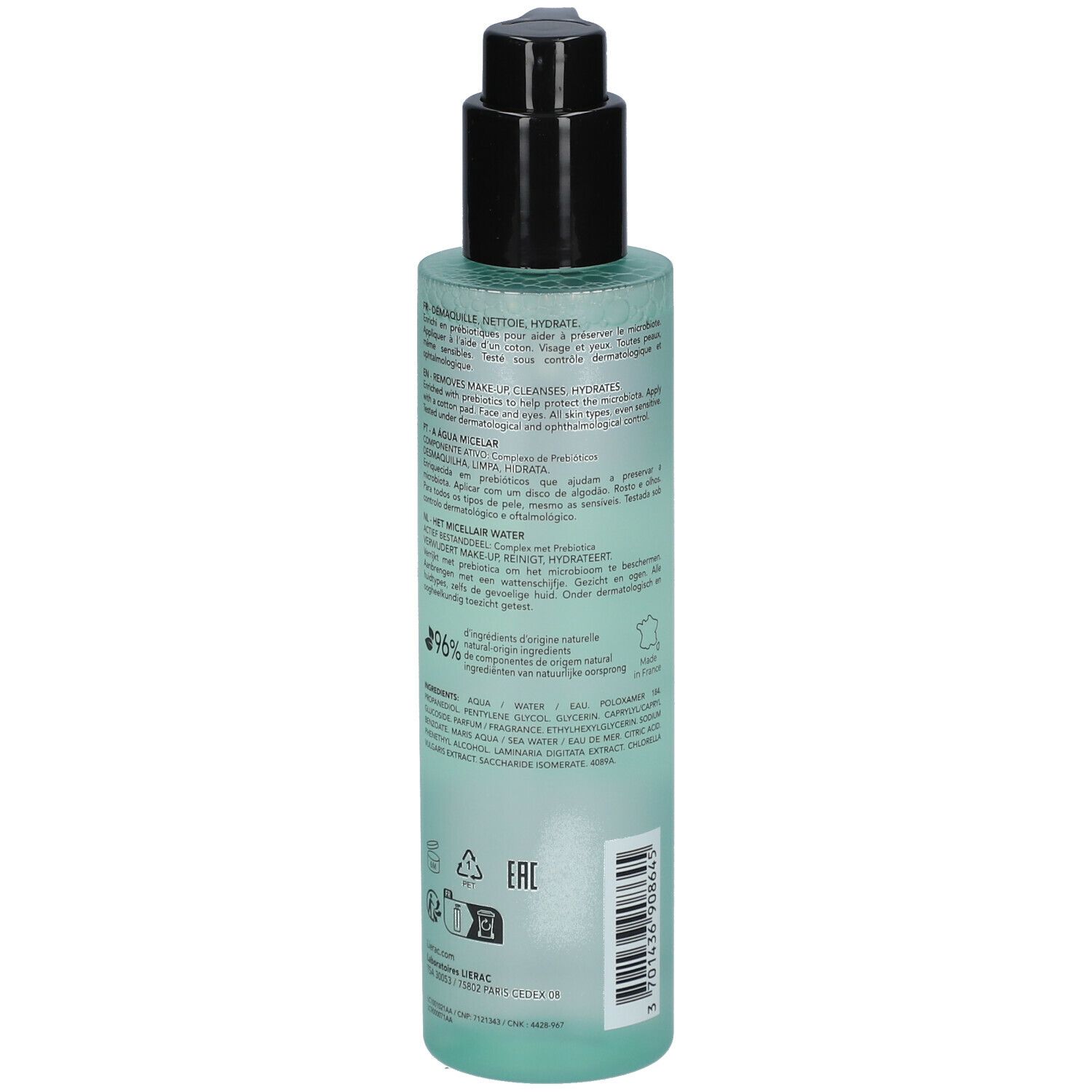 Hellgrüne Flasche mit schwarzem Pumpverschluss. Text auf weißem Etikett. Rückseite mit Text und Logos.