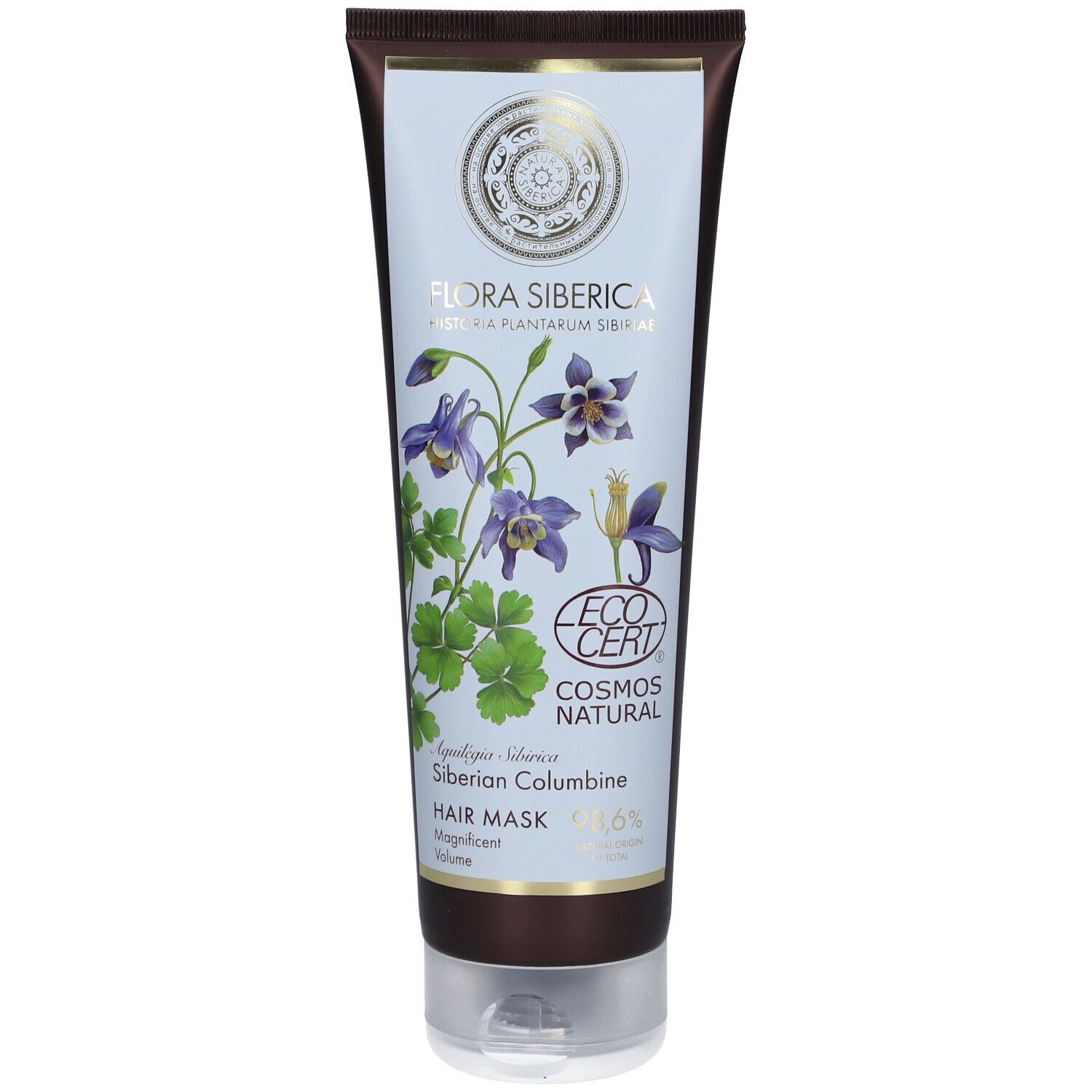 Tube de masque capillaire Flora Siberica. Fond bleu clair avec motif floral et logo. Certification Ecocert.