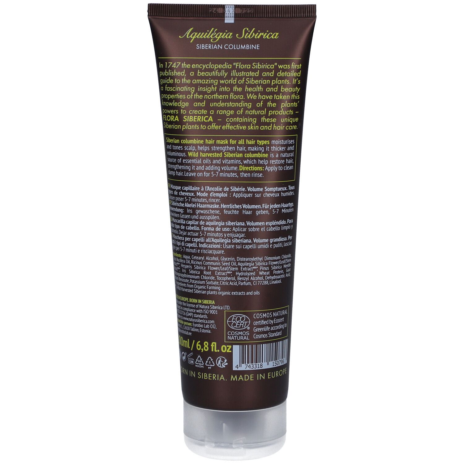 Dos du tube de masque capillaire Flora Siberica. Informations textuelles et certification Ecocert. 200ml/6,8 fl.oz.