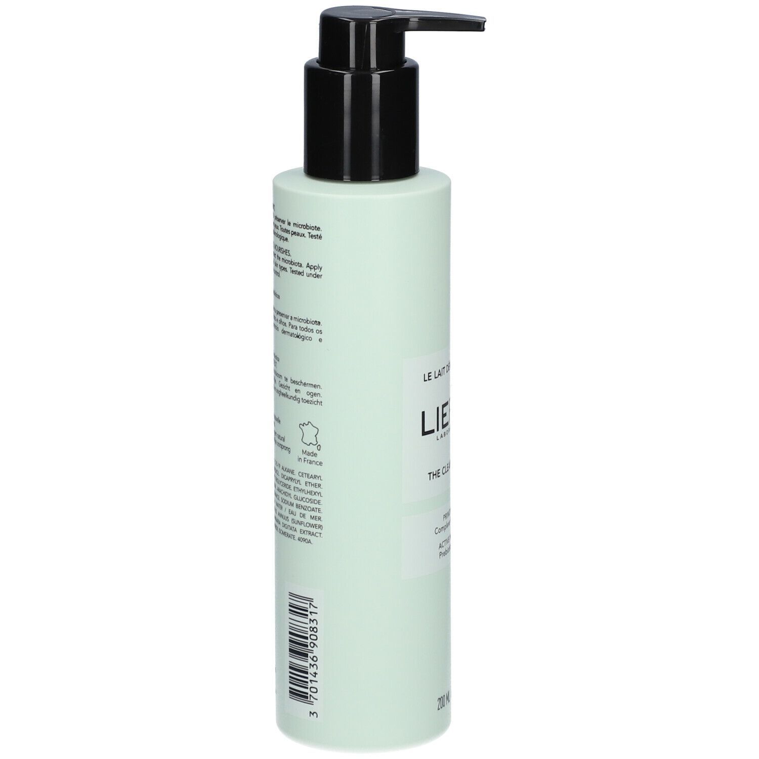 Lichtgroene fles met zwarte pomp. Achterkant met tekst en ingrediënten. Opschrift: LIERAC. 200 ml.