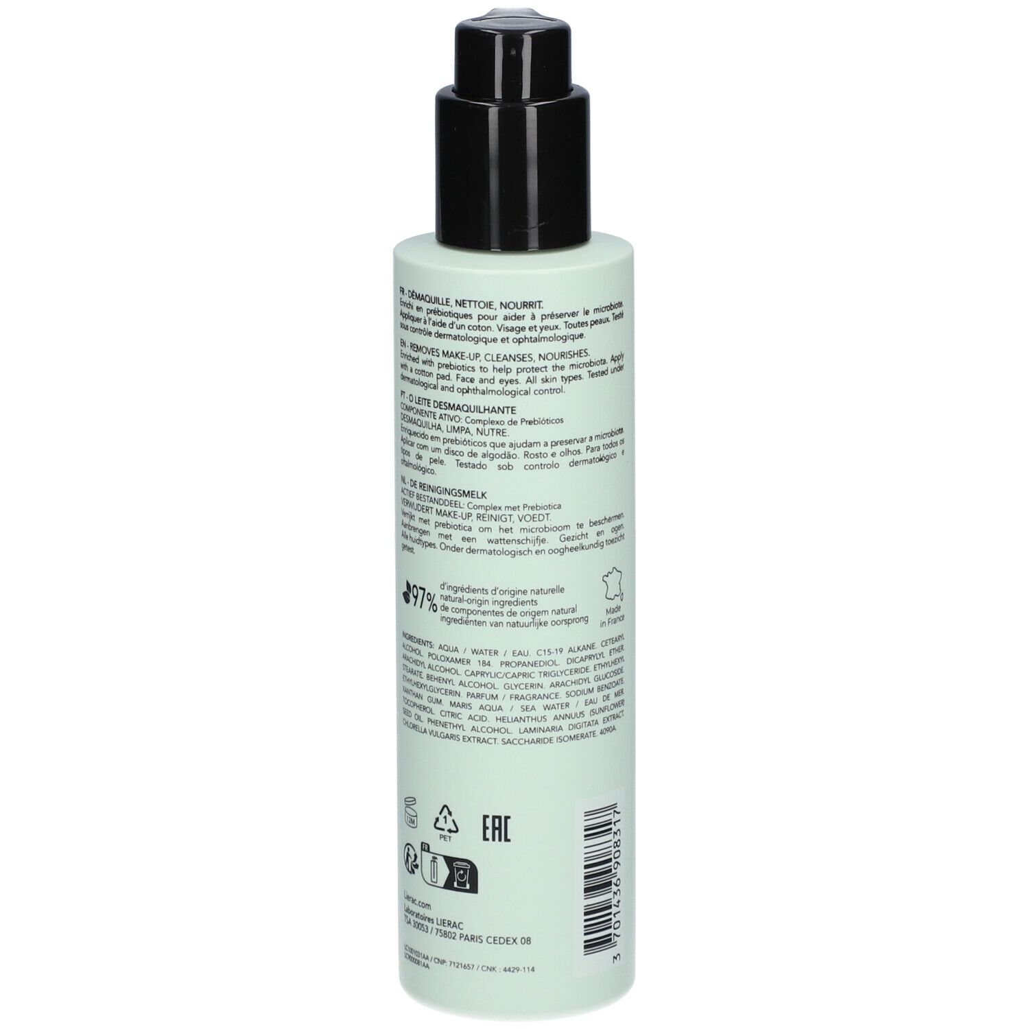 Achteraanzicht van een lichtgroene fles met zwarte pomp. Tekst en ingrediënten. Opschrift: LIERAC. 200 ml.