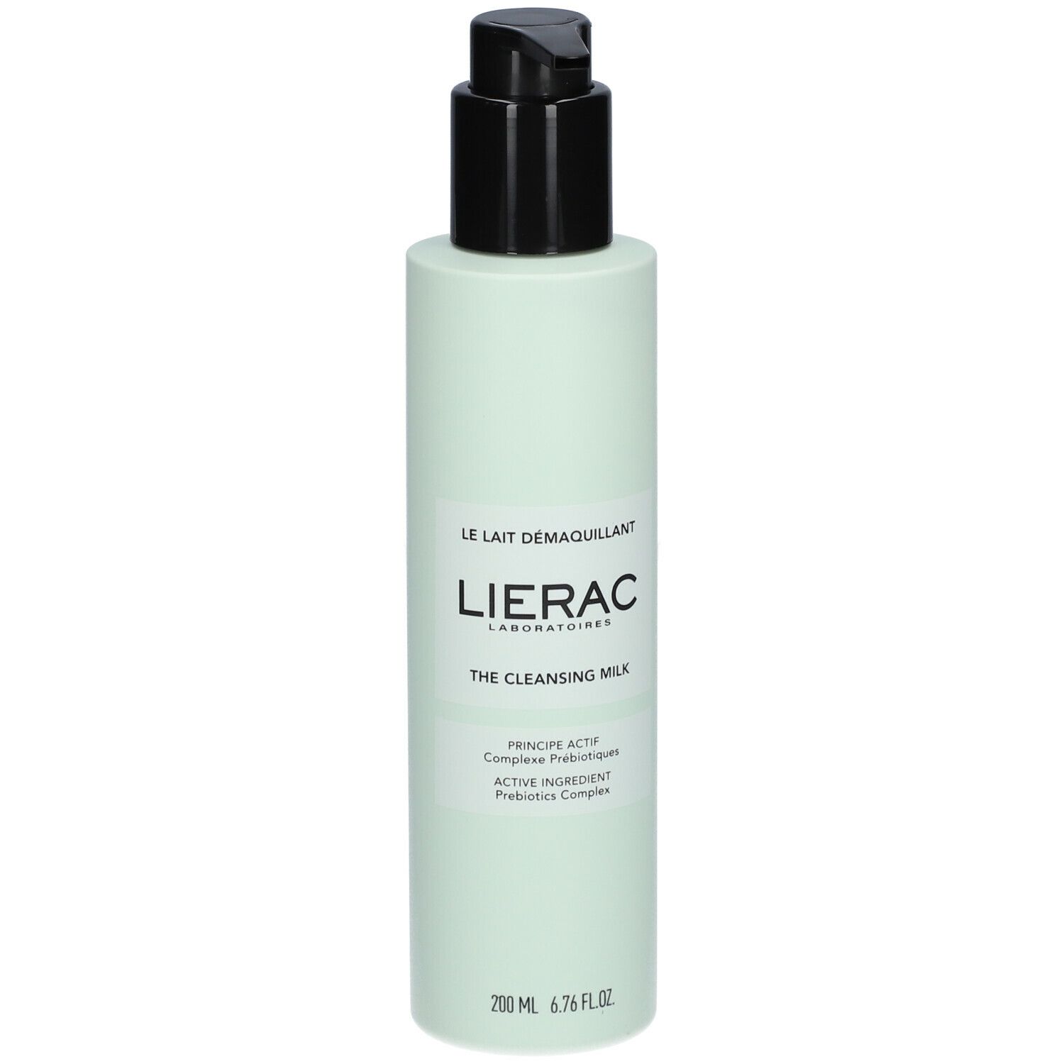 Lichtgroene fles met zwarte pomp. Opschrift: LIERAC, Le Lait Démaquillant, The Cleansing Milk. 200 ml.