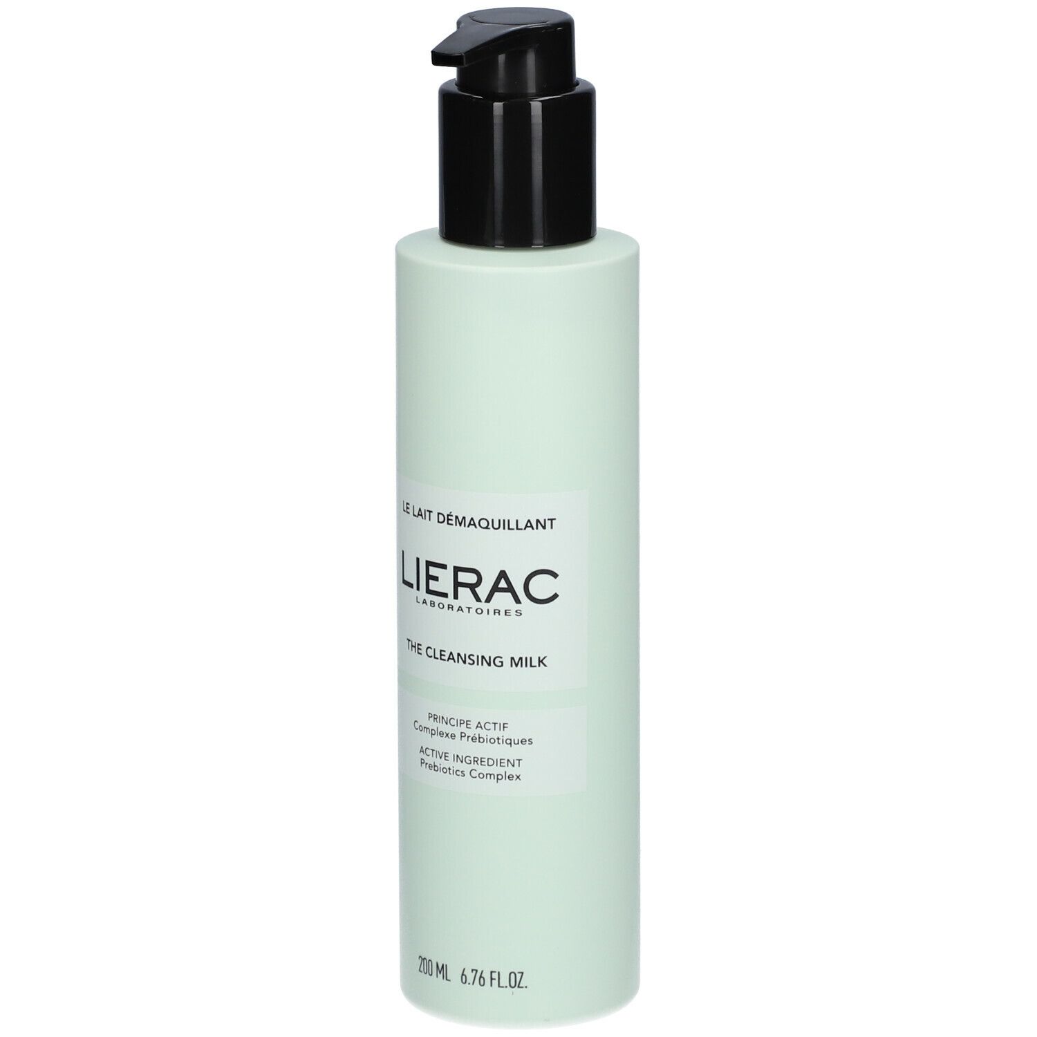 Lichtgroene fles met zwarte pomp. Opschrift: LIERAC, Le Lait Démaquillant, The Cleansing Milk. 200 ml.