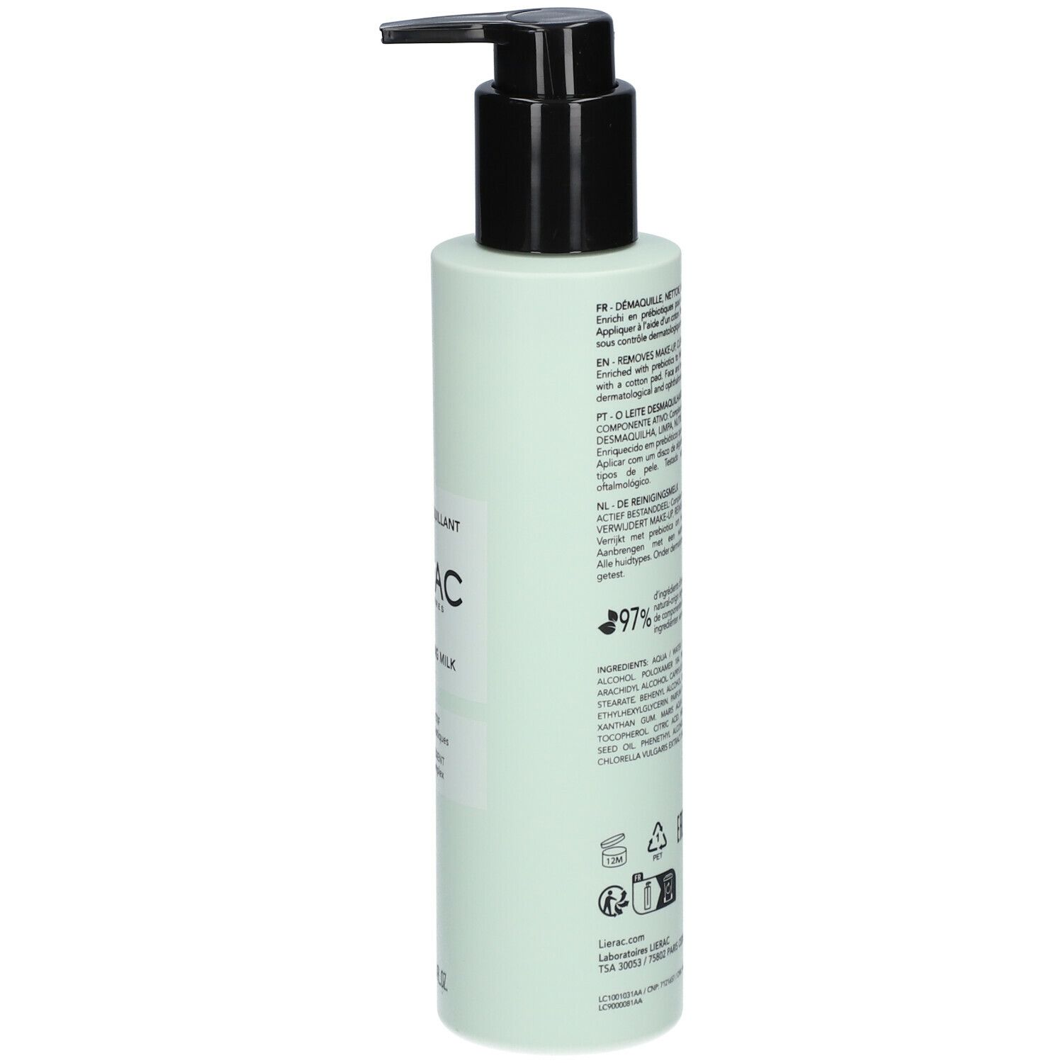 Achteraanzicht van een lichtgroene fles met zwarte pomp. Tekst en ingrediënten. Opschrift: LIERAC. 200 ml.