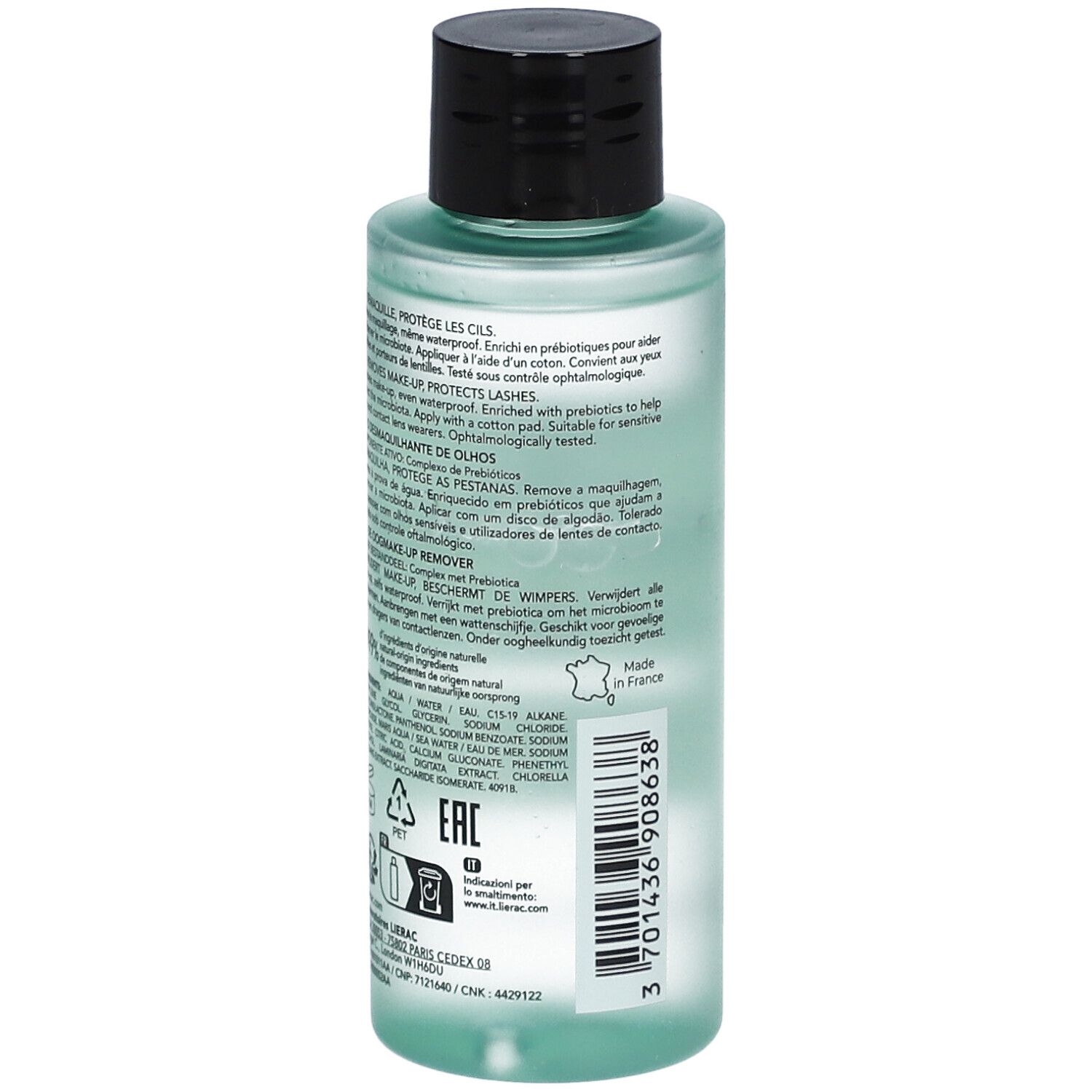 Rückseite der Flasche. Etikett mit Produktinformationen und Inhaltsstoffen. Schwarzer Deckel. Klare Flüssigkeit sichtbar.