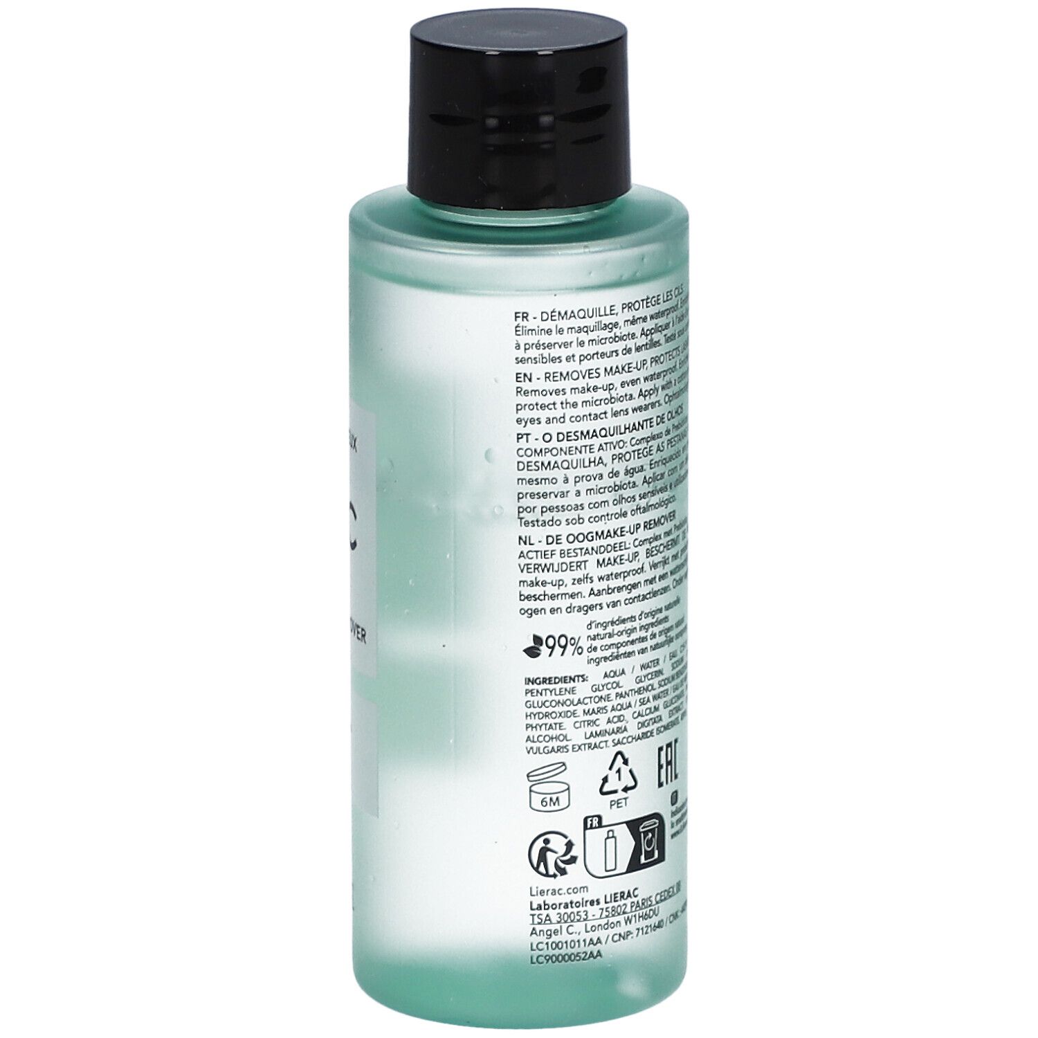 Rückseite der Flasche. Etikett mit Produktinformationen und Inhaltsstoffen. Schwarzer Deckel. Klare Flüssigkeit sichtbar.