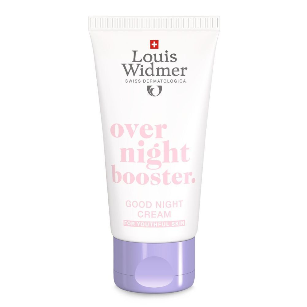 Crèmetube met 'over night booster.' en 'Good Night Cream'. Kleuren: wit, roze, paars.