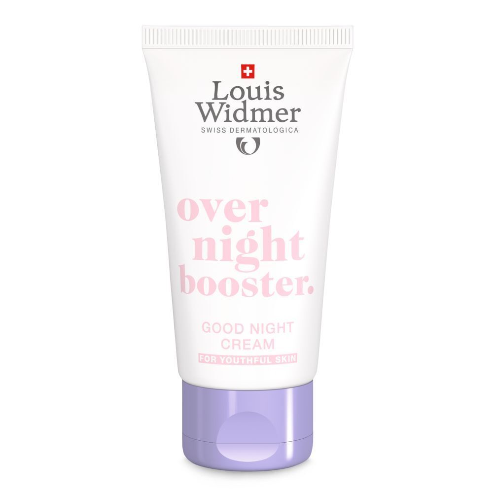 Crèmetube met 'over night booster.' en 'Good Night Cream'. Kleuren: wit, roze, paars.