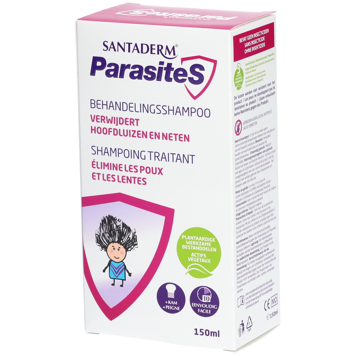 SantaDerm ParasiteS Behandelingsshampoo. Verpakking met productnaam, illustratie en tekst in het Duits, Frans en Nederlands. 150ml.