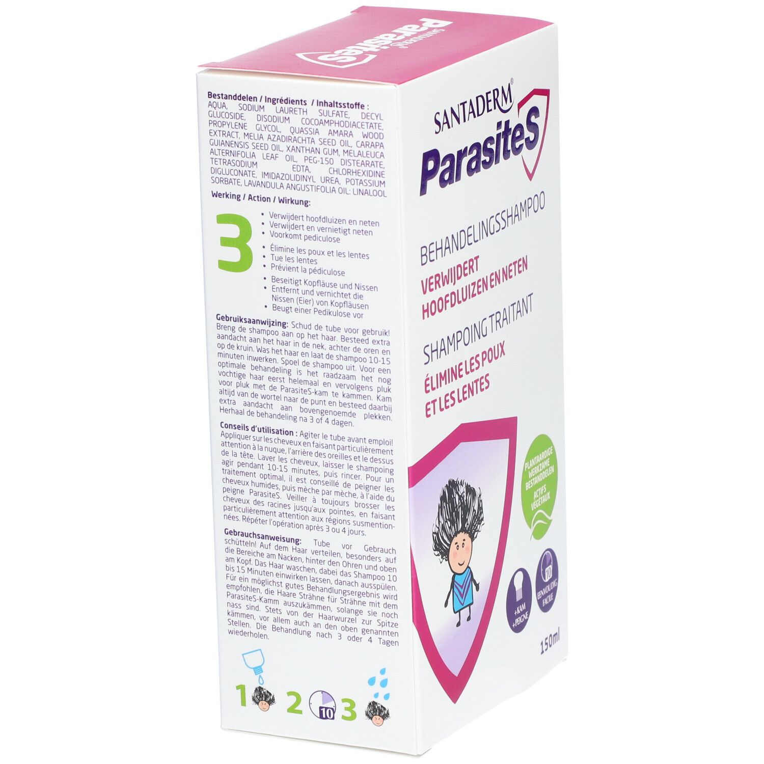 SantaDerm ParasiteS Behandelingsshampoo. Verpakking met productnaam, ingrediënten en gebruiksaanwijzing. Illustratie en tekst in meerdere talen. 150ml.