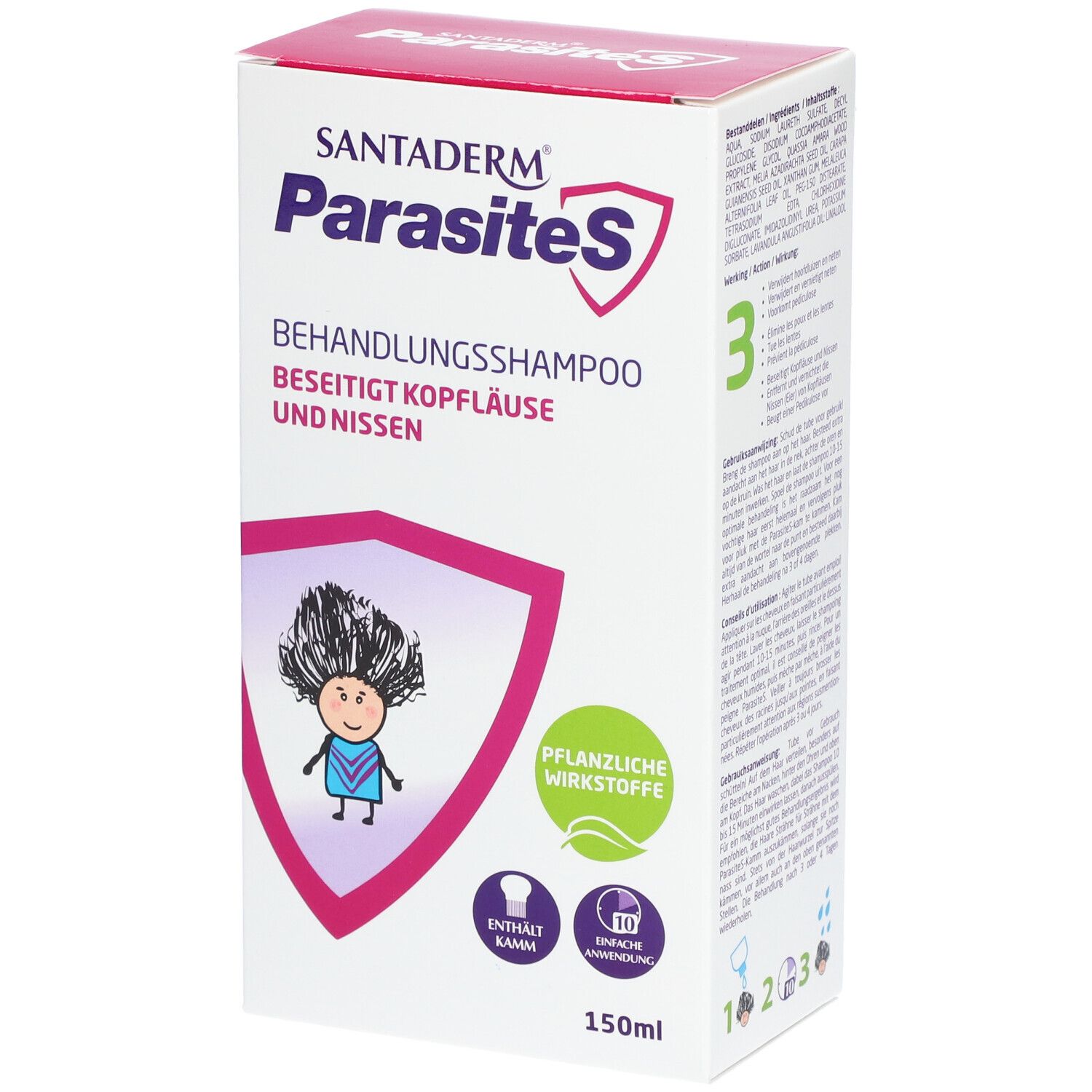 SantaDerm ParasiteS Behandelingsshampoo. Verpakking met productnaam, illustratie en tekst in het Duits, Frans en Nederlands. 150ml. Plantaardige werkstoffen.