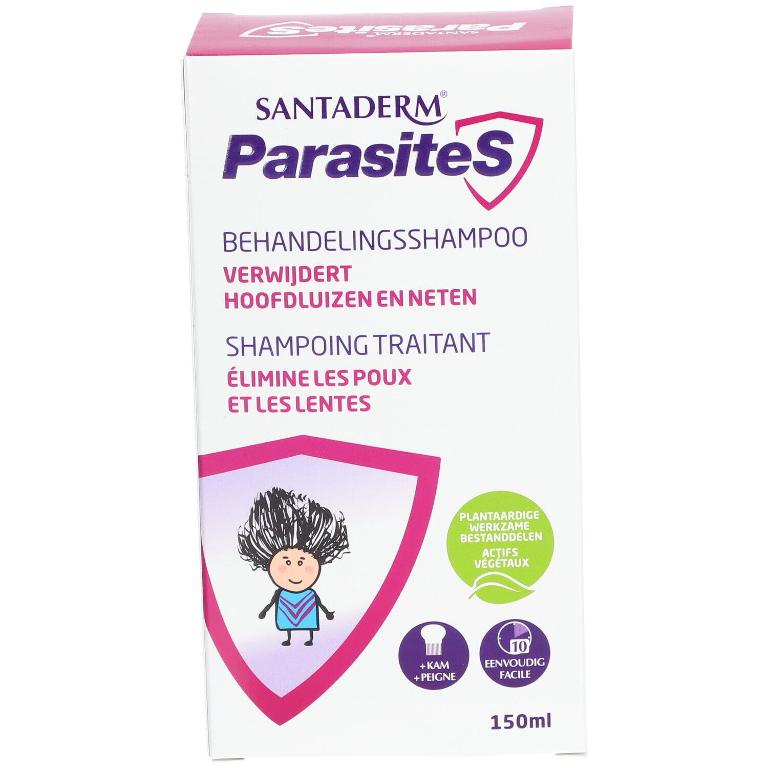 SantaDerm ParasiteS Behandelingsshampoo. Verpakking met productnaam, illustratie en tekst in het Duits, Frans en Nederlands. 150ml.