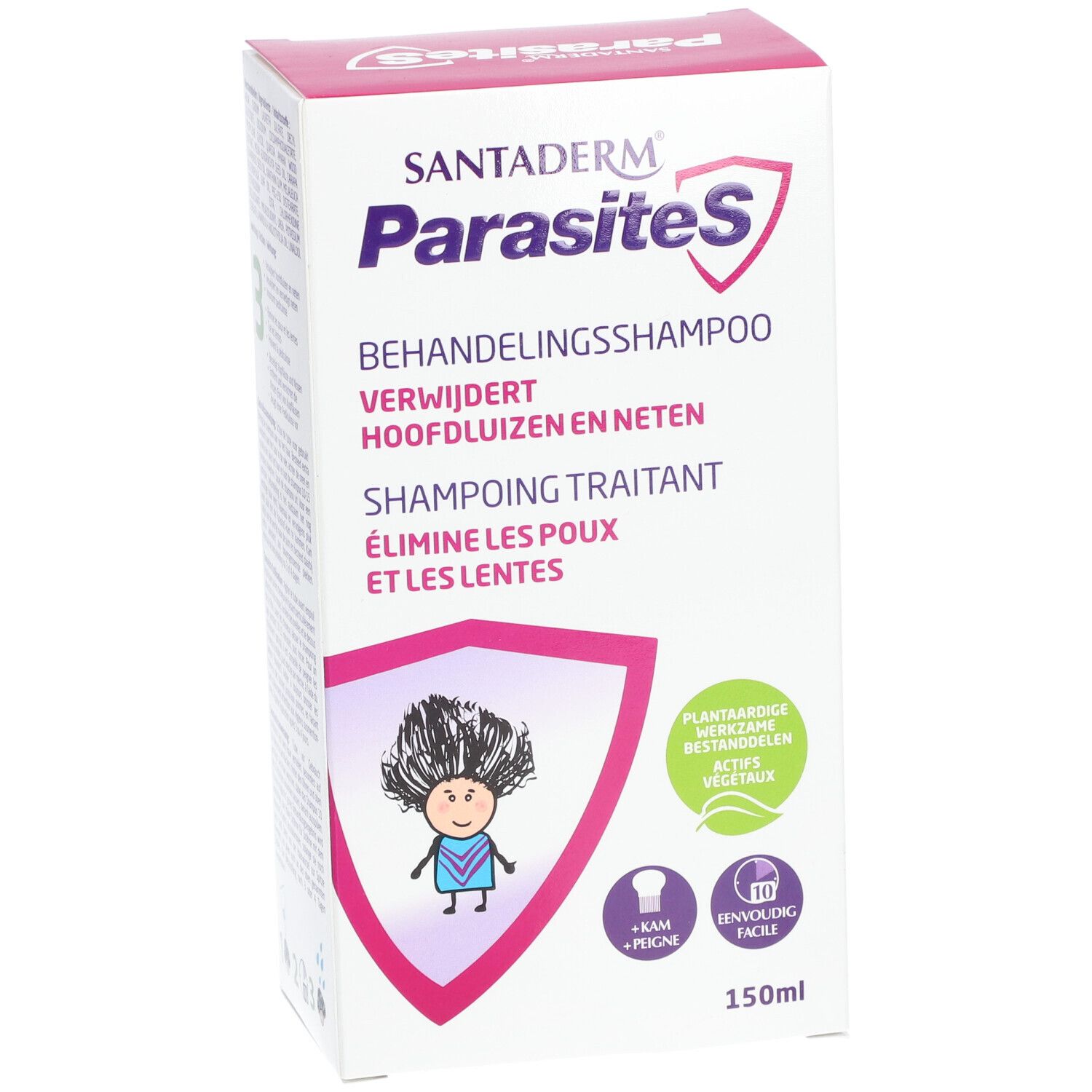 SantaDerm ParasiteS Behandelingsshampoo. Verpakking met productnaam, illustratie en tekst in het Duits, Frans en Nederlands. 150ml.