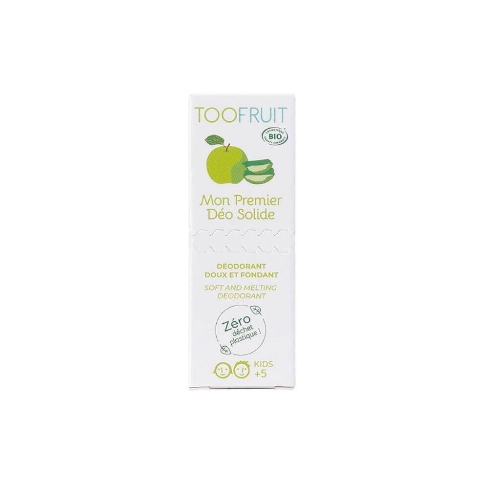 Emballage TOOFRUIT blanc, rectangulaire, illustration pomme-aloe vera et texte. Label bio. 'Mon Premier Déo Solide'. Zéro déchet plastique.