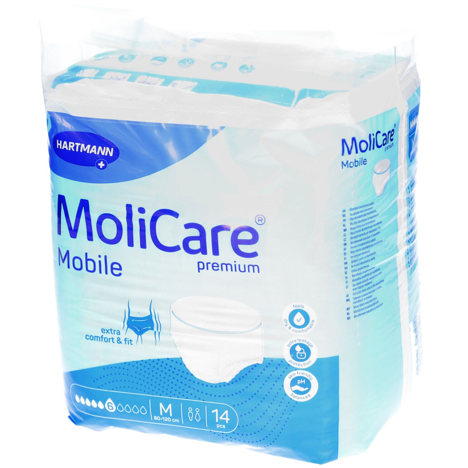 MoliCare Mobile Premium, verpackt in Folie. Größe M, 14 Stück. Extra Komfort & Passform. 6 Tropfen. Hartmann Logo.