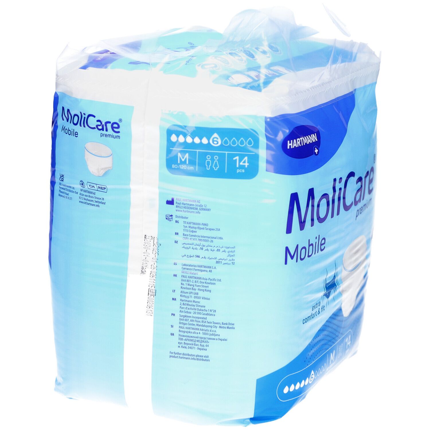 MoliCare Mobile Premium, verpackt. Rückseite mit Produktinformationen. Größe M, 14 Stück. 6 Tropfen. Hartmann Logo.
