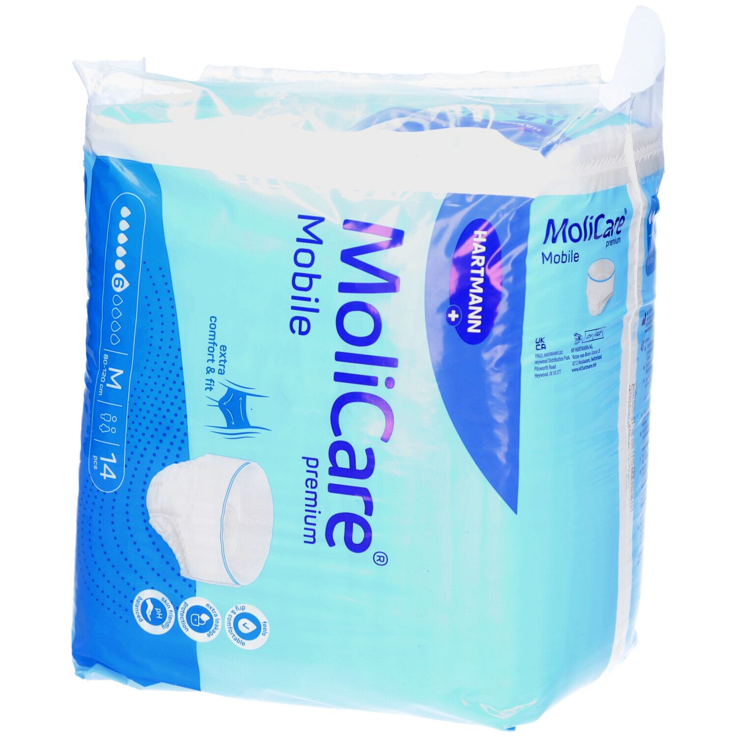MoliCare Mobile Premium, verpackt. Größe M, 14 Stück. Extra Komfort & Passform. 6 Tropfen. Hartmann Logo.