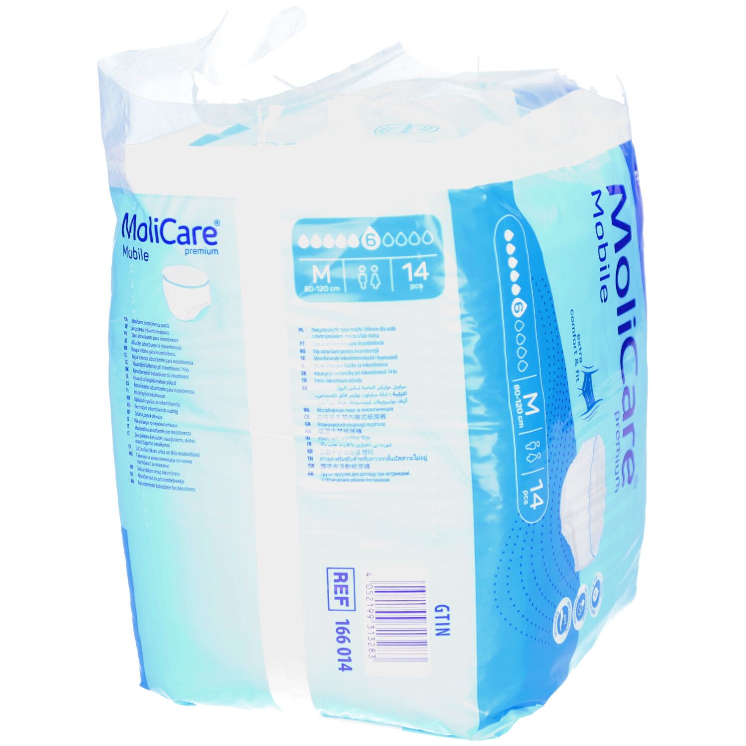 MoliCare Mobile Premium, verpackt. Rückseite mit Produktinformationen. Größe M, 14 Stück. 6 Tropfen. Hartmann Logo.