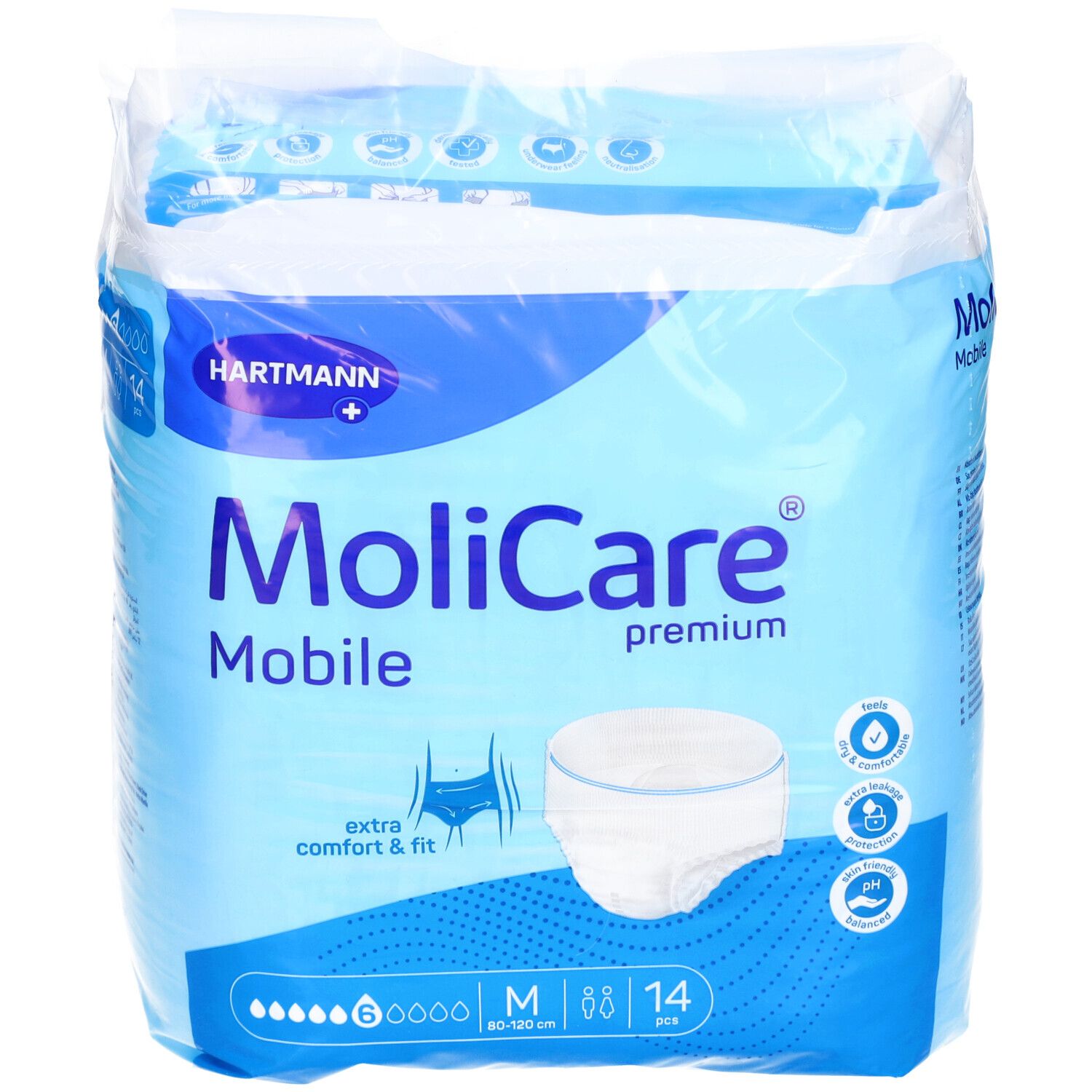 MoliCare Mobile Premium, verpackt in Folie. Größe M, 14 Stück. Extra Komfort & Passform. 6 Tropfen. Hartmann Logo.