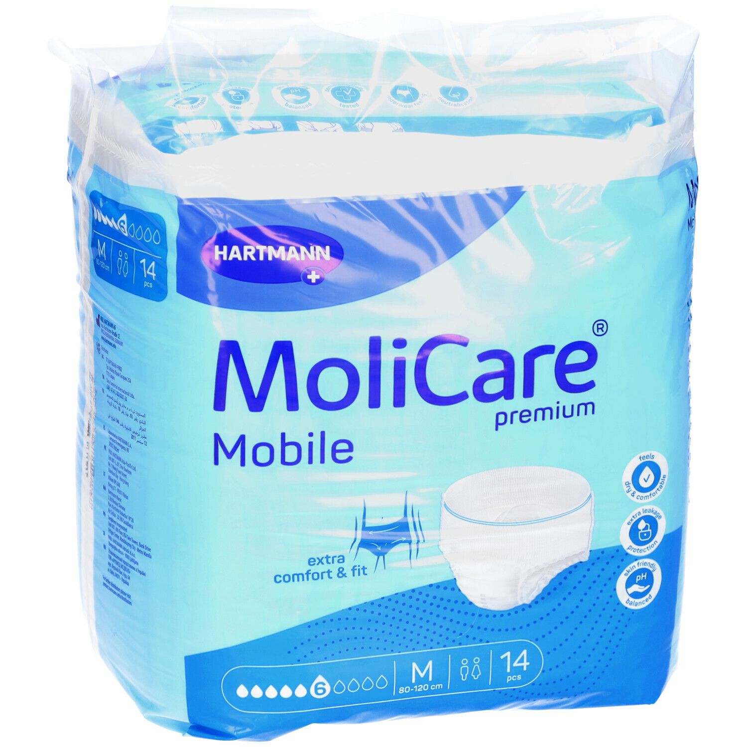 MoliCare Mobile Premium, verpackt. Größe M, 14 Stück. Extra Komfort & Passform. 6 Tropfen. Hartmann Logo.