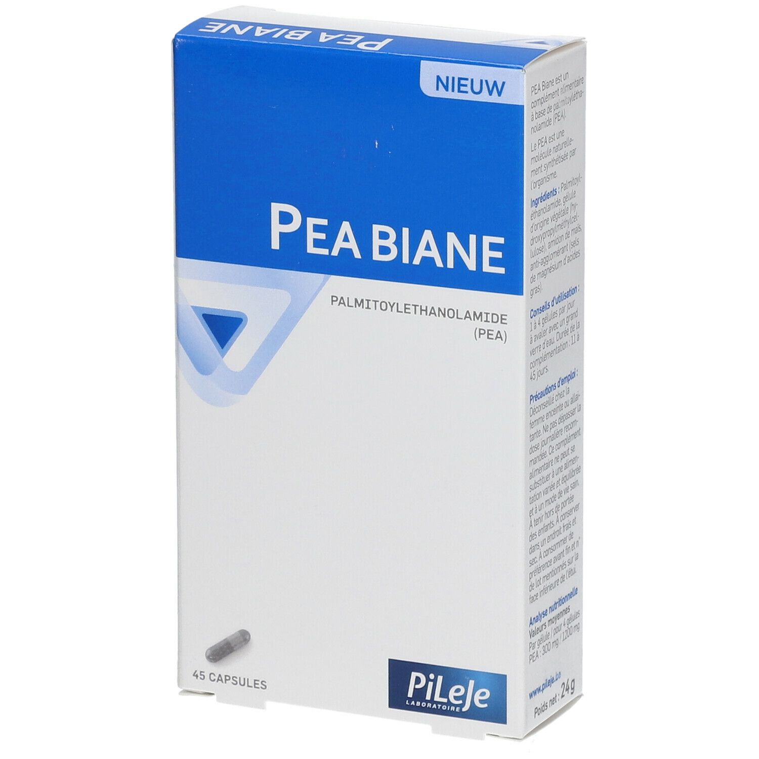 Doosje Pea Biane. Blauw en witte verpakking met productnaam en logo. Bevat 45 capsules.
