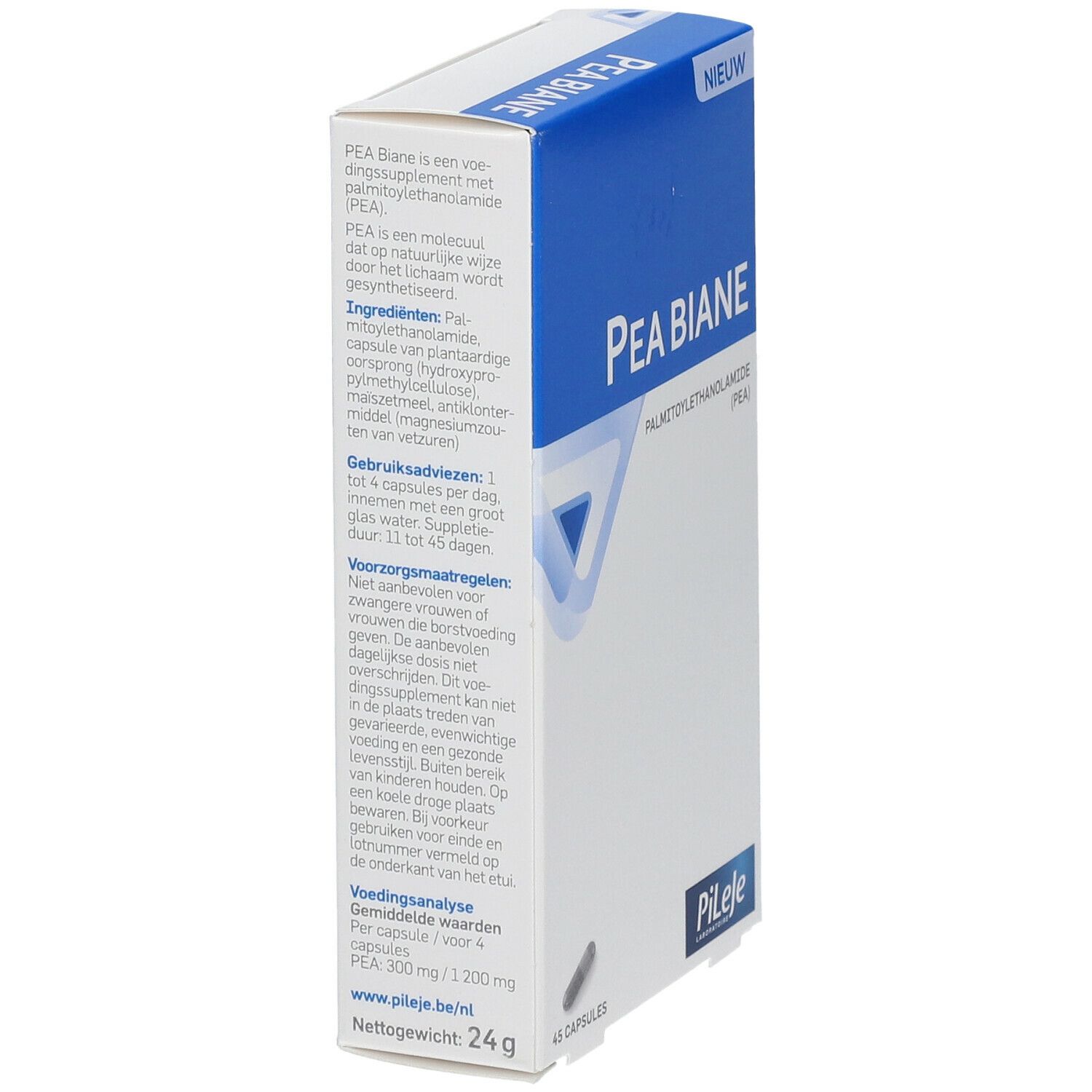 Doosje Pea Biane, schuin aanzicht. Blauw en witte verpakking met productinformatie en logo. Bevat 45 capsules.