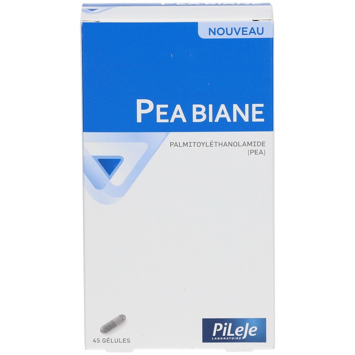 Doosje Pea Biane. Blauw en witte verpakking met productnaam en logo. Bevat 45 capsules.
