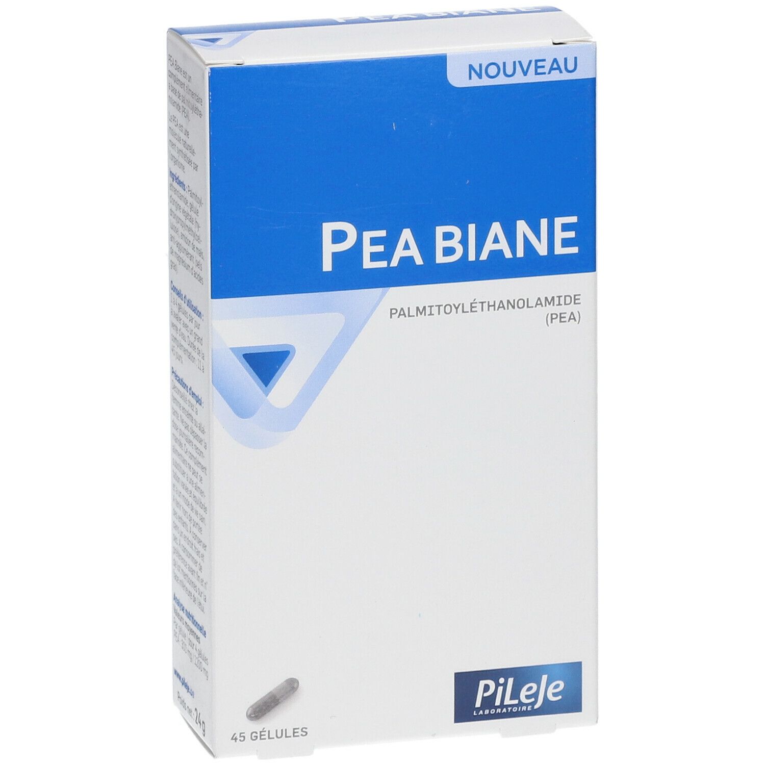 Doosje Pea Biane. Blauw en witte verpakking met productnaam en logo. Bevat 45 capsules.