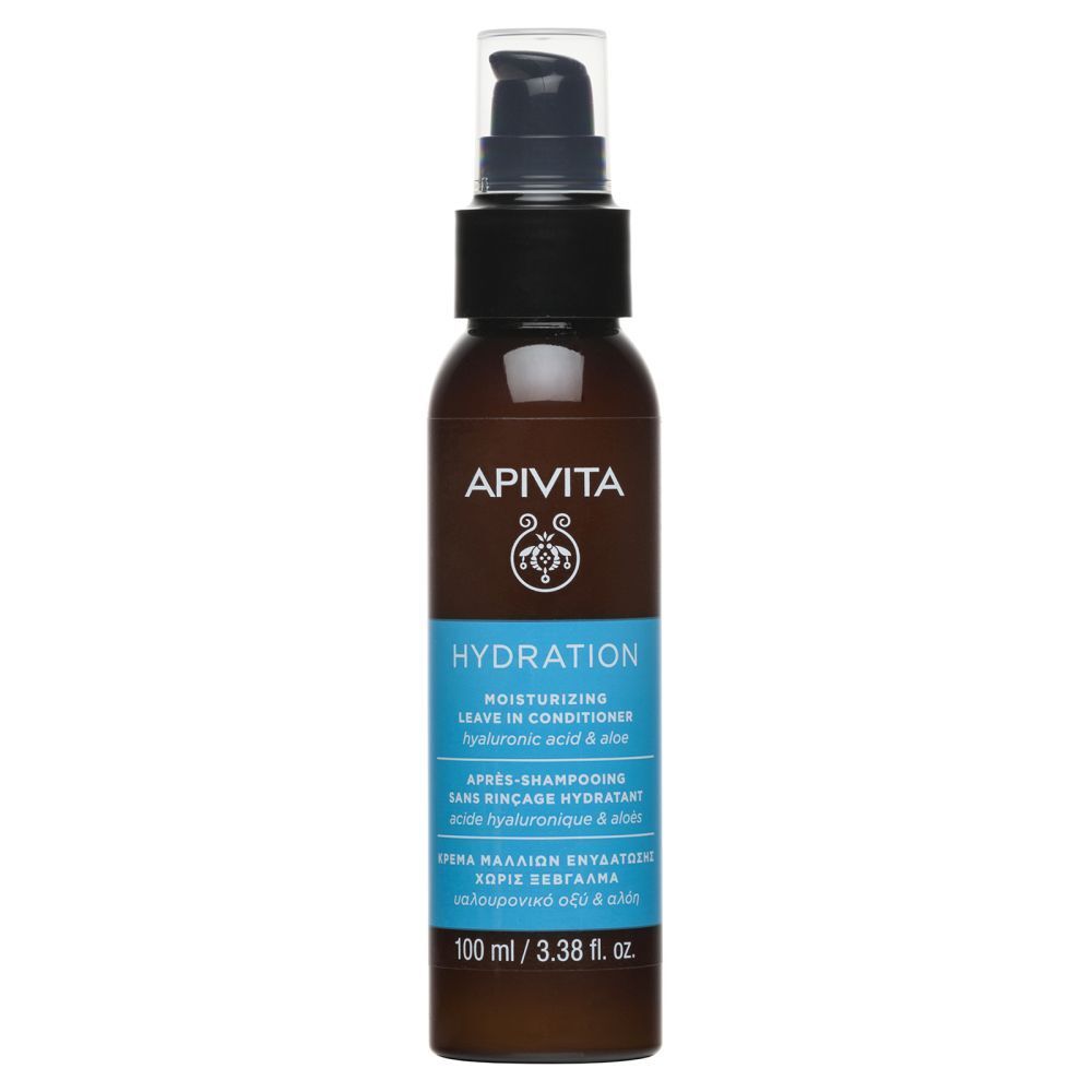 Bruine fles met zwarte spraykop. Blauw etiket met tekst: APIVITA Hydration. 100 ml.