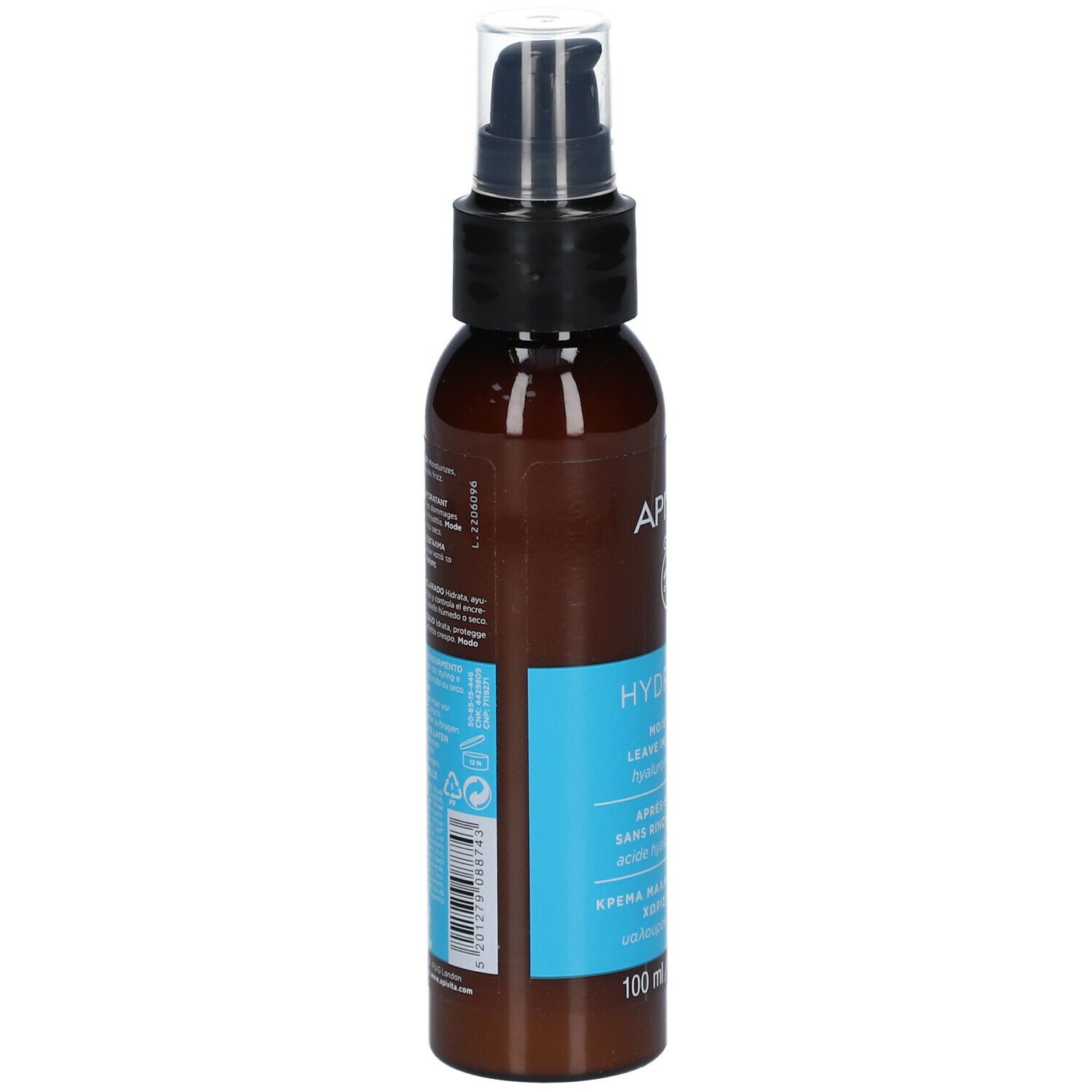 Bruine fles met zwarte spraykop. Blauw etiket met tekst. APIVITA Hydration. 100 ml.