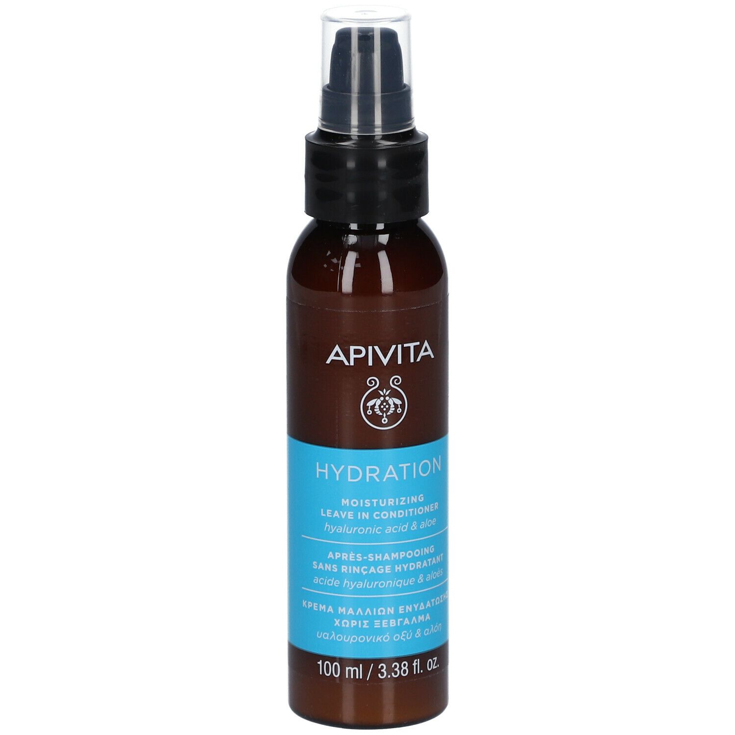 Bruine fles met zwarte spraykop. Blauw etiket met tekst: APIVITA Hydration. 100 ml.