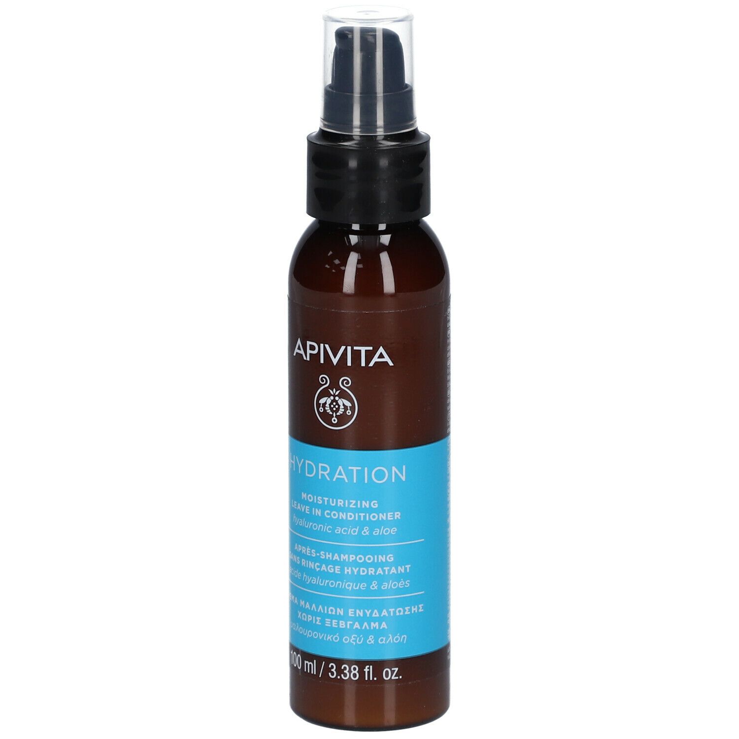 Bruine fles met zwarte spraykop. Blauw etiket met tekst: APIVITA Hydration. 100 ml.