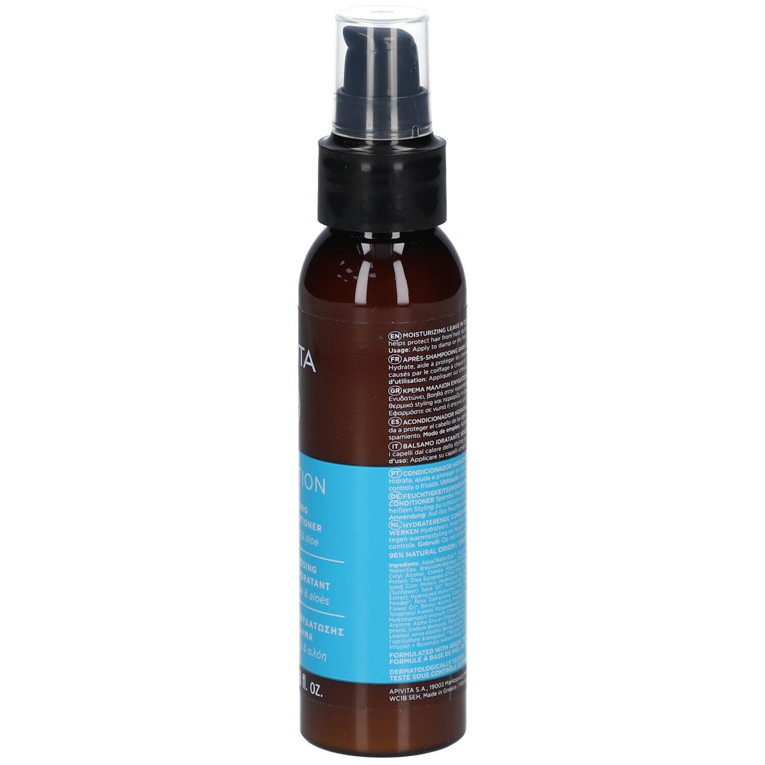 Bruine fles met zwarte spraykop. Blauw etiket met tekst. APIVITA Hydration. 100 ml.
