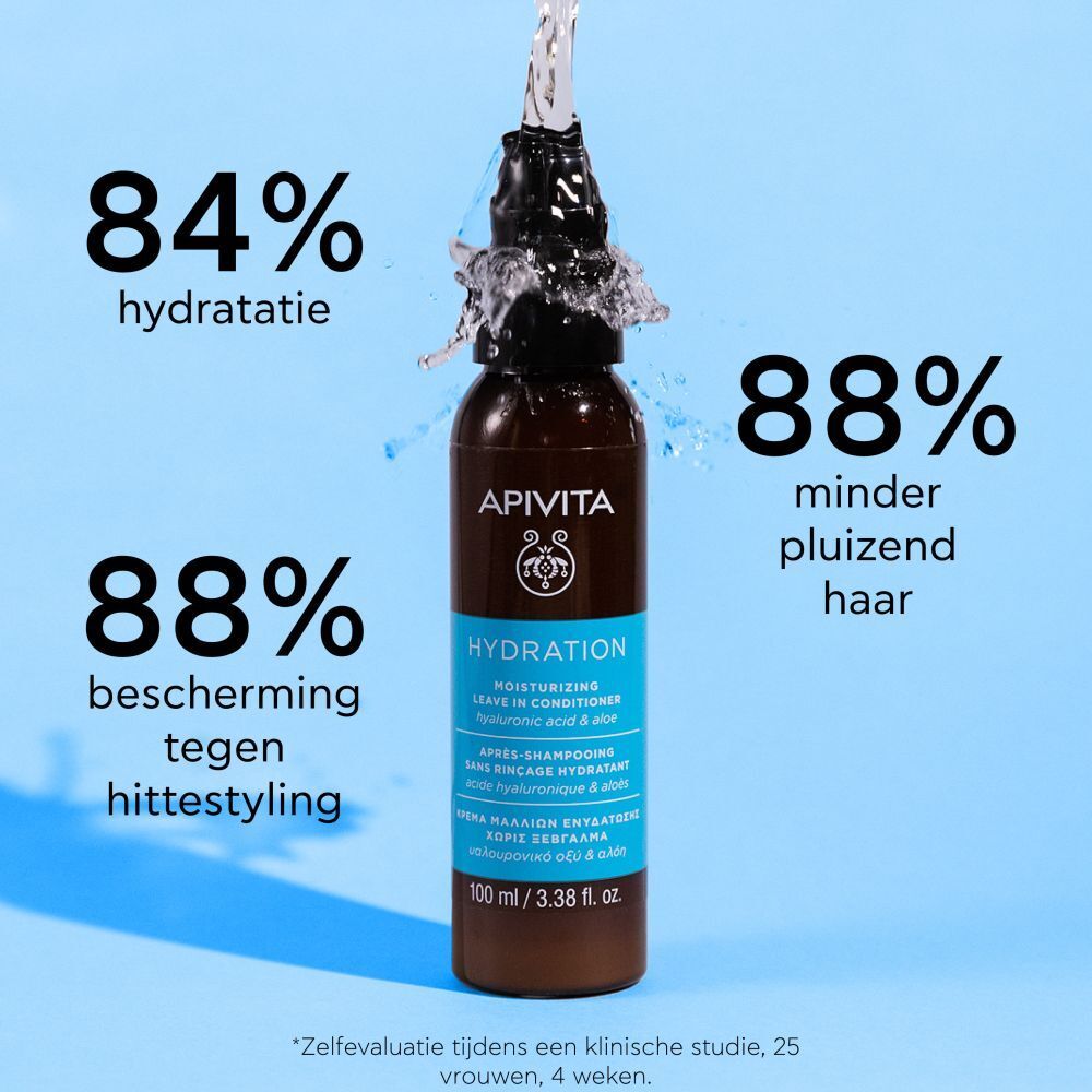 Product met waterstraal. Tekst: 84% hydratatie, 88% minder pluizig haar, 88% hittebescherming.