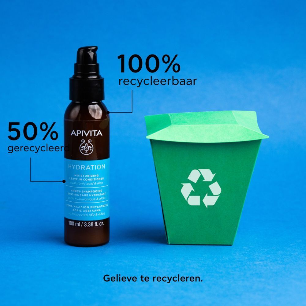 Product met recyclingsymbolen. Tekst: 50% gerecycled, 100% recycleerbaar. Groene vuilnisbak.