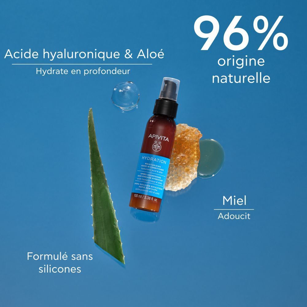 Produit avec Aloe Vera, miel et texte: Acide hyaluronique & Aloe, 96% origine naturelle.