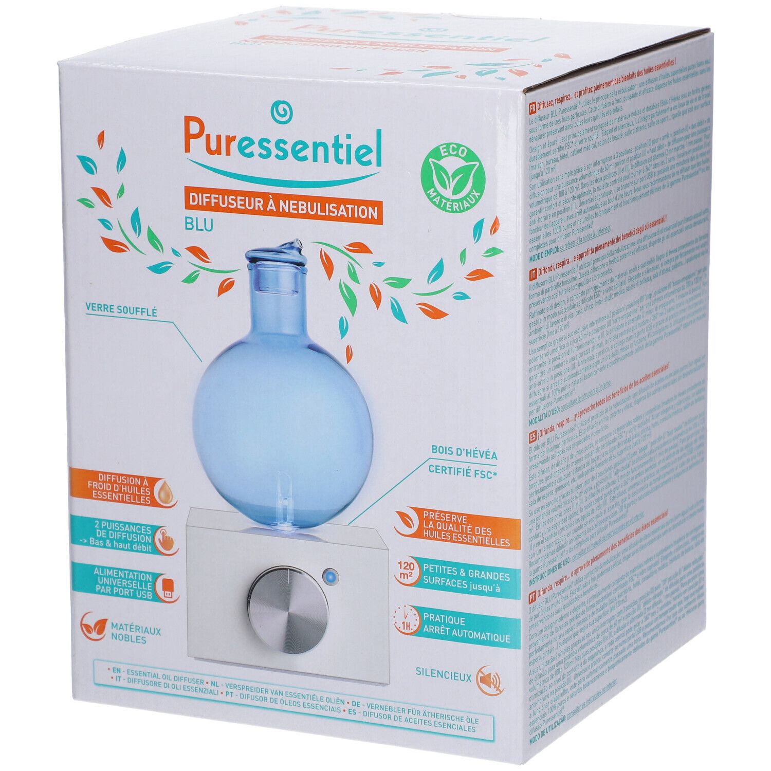 Verpackung des Vernebelungs-Diffusors. Blaue Glaskugel auf weißem Sockel. FSC-Zertifizierung. Eco-Materialien.