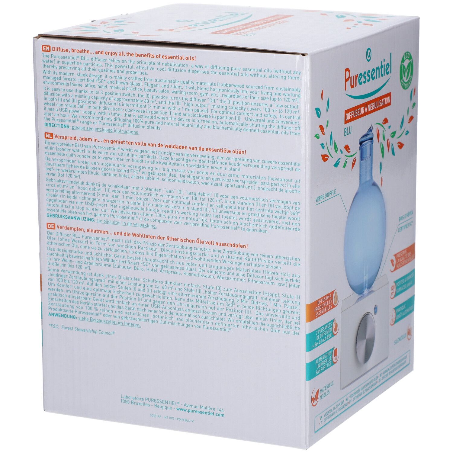 Rückseite der Verpackung des Vernebelungs-Diffusors. Text in mehreren Sprachen. FSC-Zertifizierung. Eco-Materialien.
