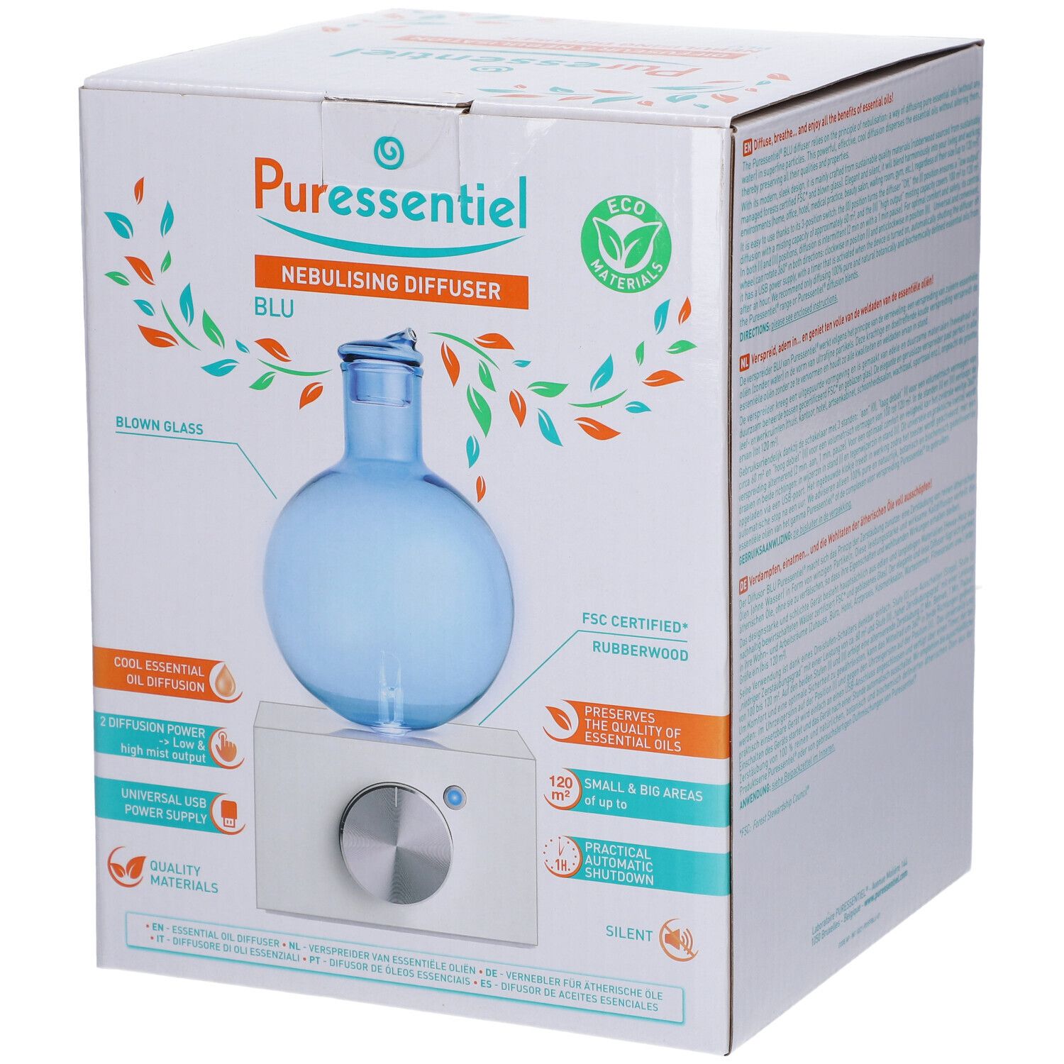 Verpackung des Vernebelungs-Diffusors. Blaue Glaskugel auf weißem Sockel. FSC-Zertifizierung. Eco-Materialien.