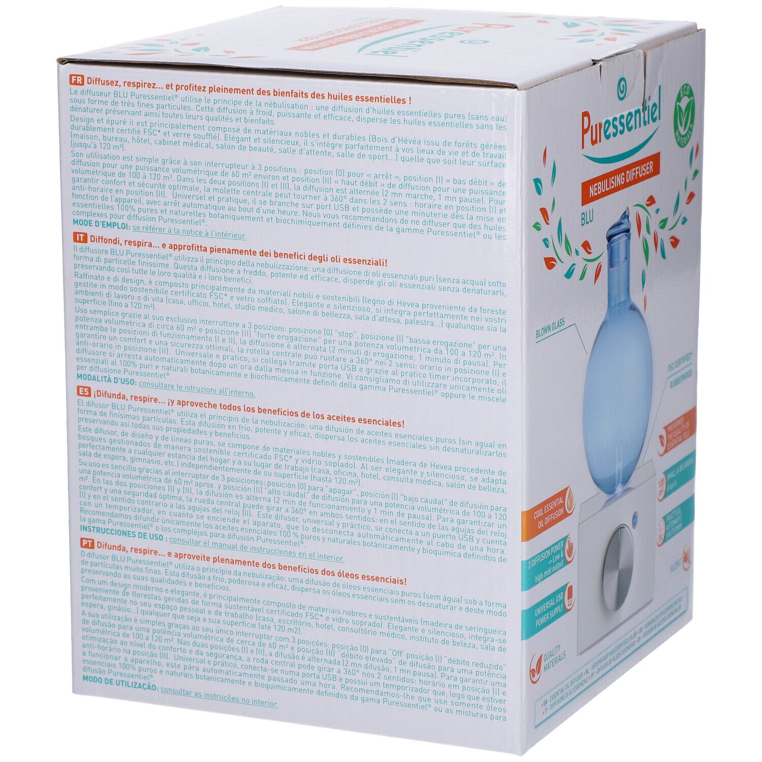 Rückseite der Verpackung des Vernebelungs-Diffusors. Text in mehreren Sprachen. FSC-Zertifizierung. Eco-Materialien.