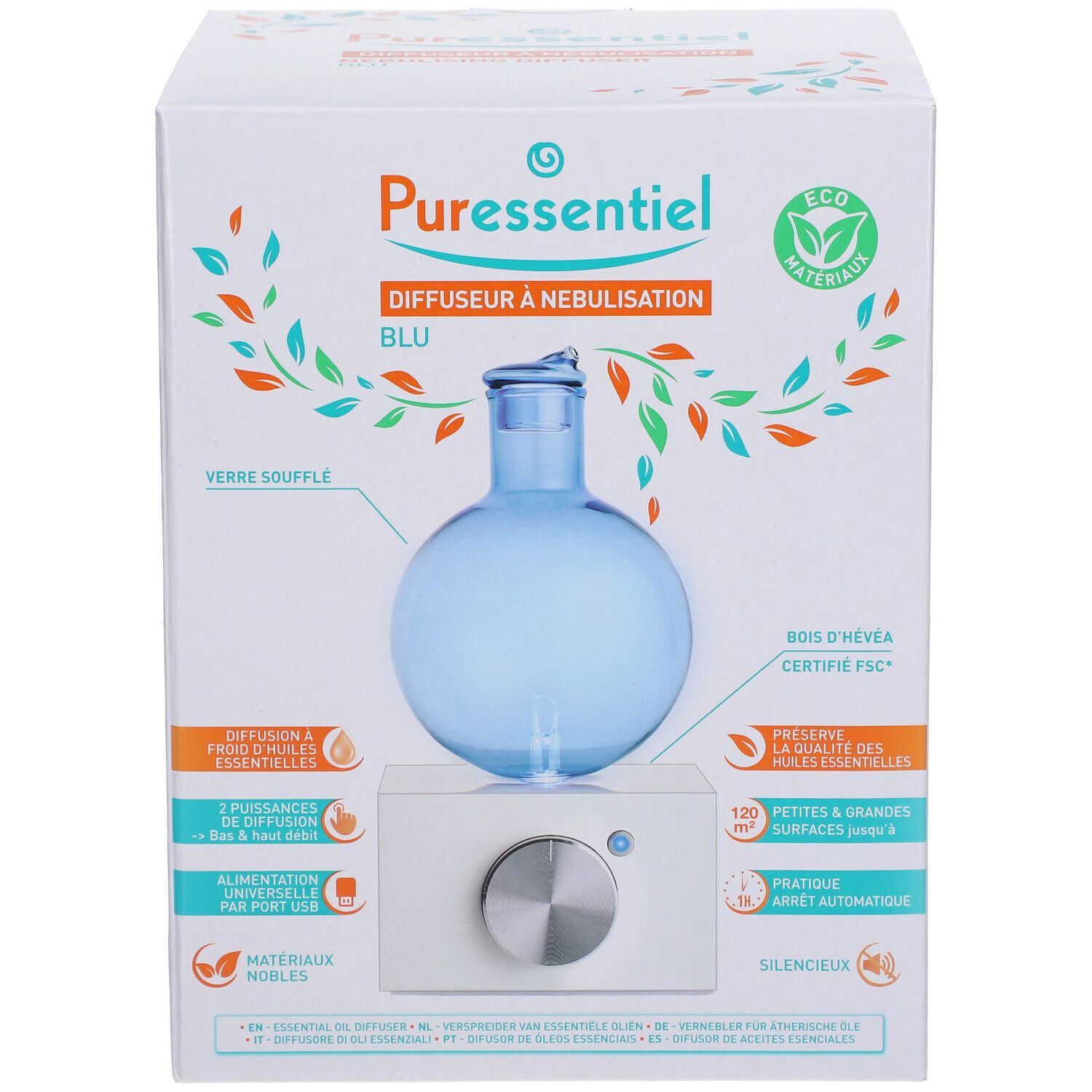 Verpackung des Vernebelungs-Diffusors. Blaue Glaskugel auf weißem Sockel. FSC-Zertifizierung. Eco-Materialien.
