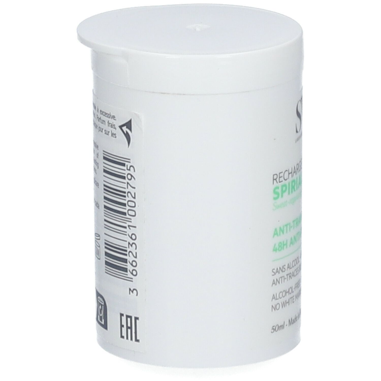 Flacon blanc SVR SPIRIAL Roll-On. Code-barres et texte sur le côté. Inscription: SVR, RECHARGE ROLL-ON SPIRIAL, Anti-transpirant 48H.