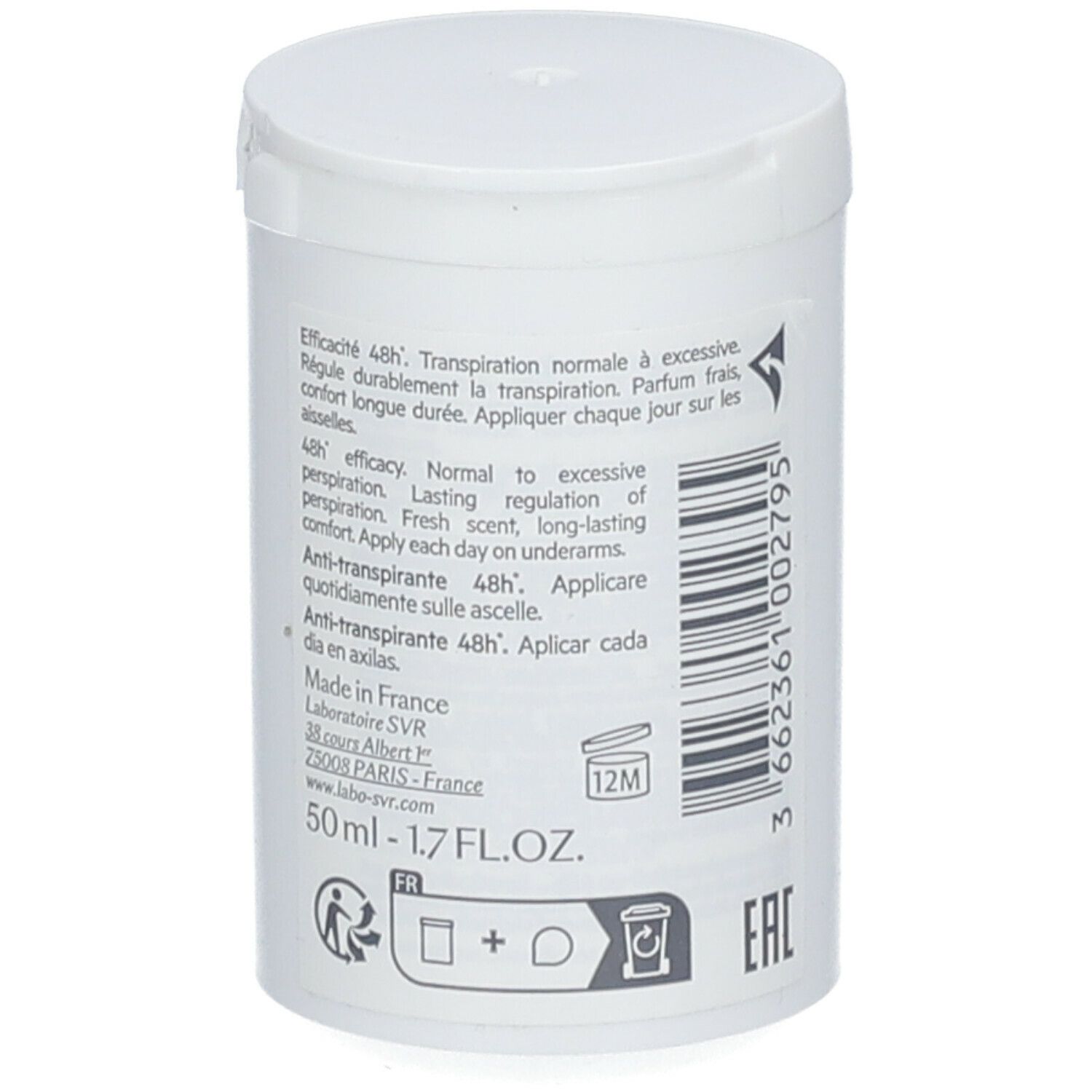 Flacon blanc SVR SPIRIAL Roll-On. Texte au dos. Inscription: SVR, RECHARGE ROLL-ON SPIRIAL, Anti-transpirant 48H. 50ml.