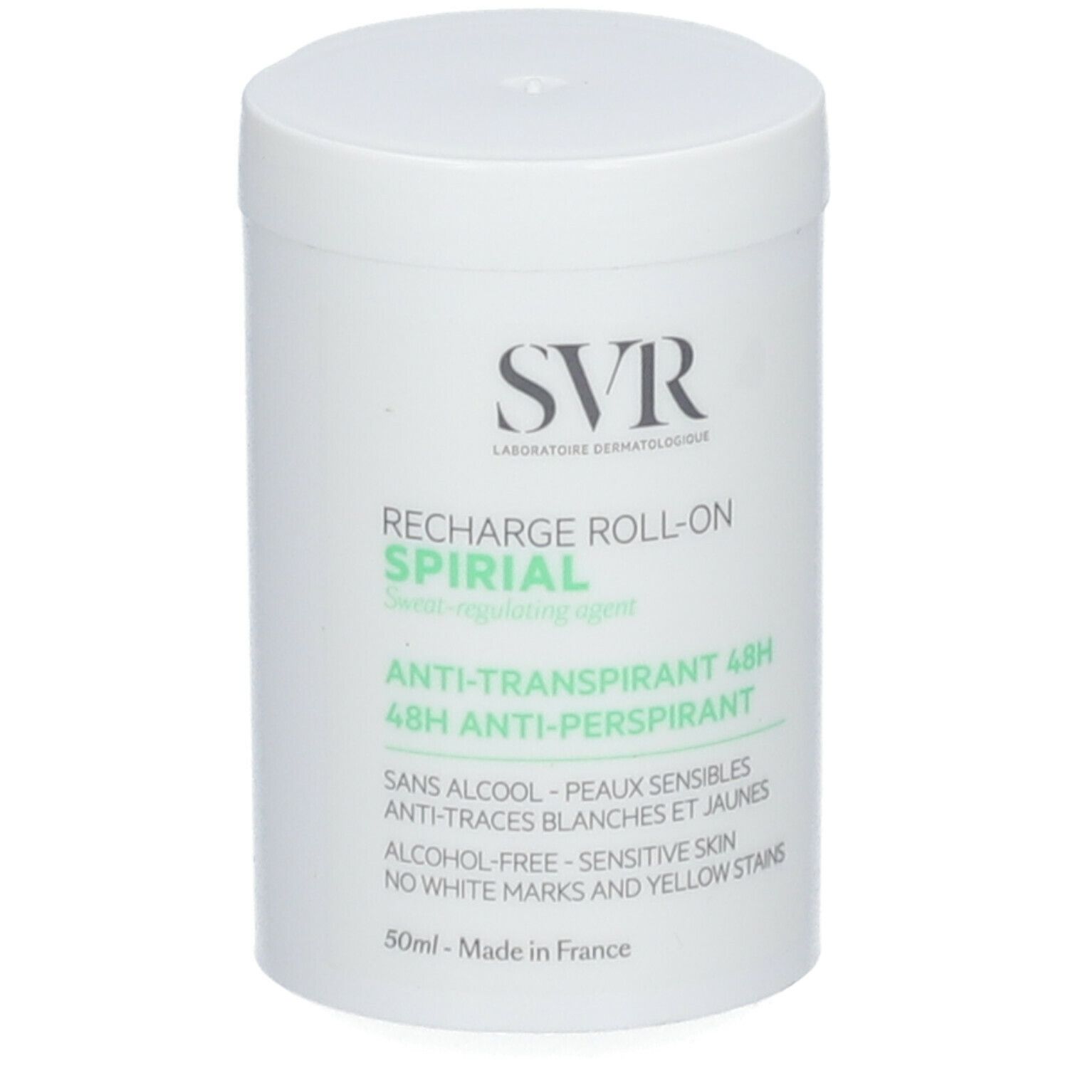 Flacon blanc SVR SPIRIAL Roll-On. Inscription: SVR, RECHARGE ROLL-ON SPIRIAL, Anti-transpirant 48H. Sans alcool, peaux sensibles.